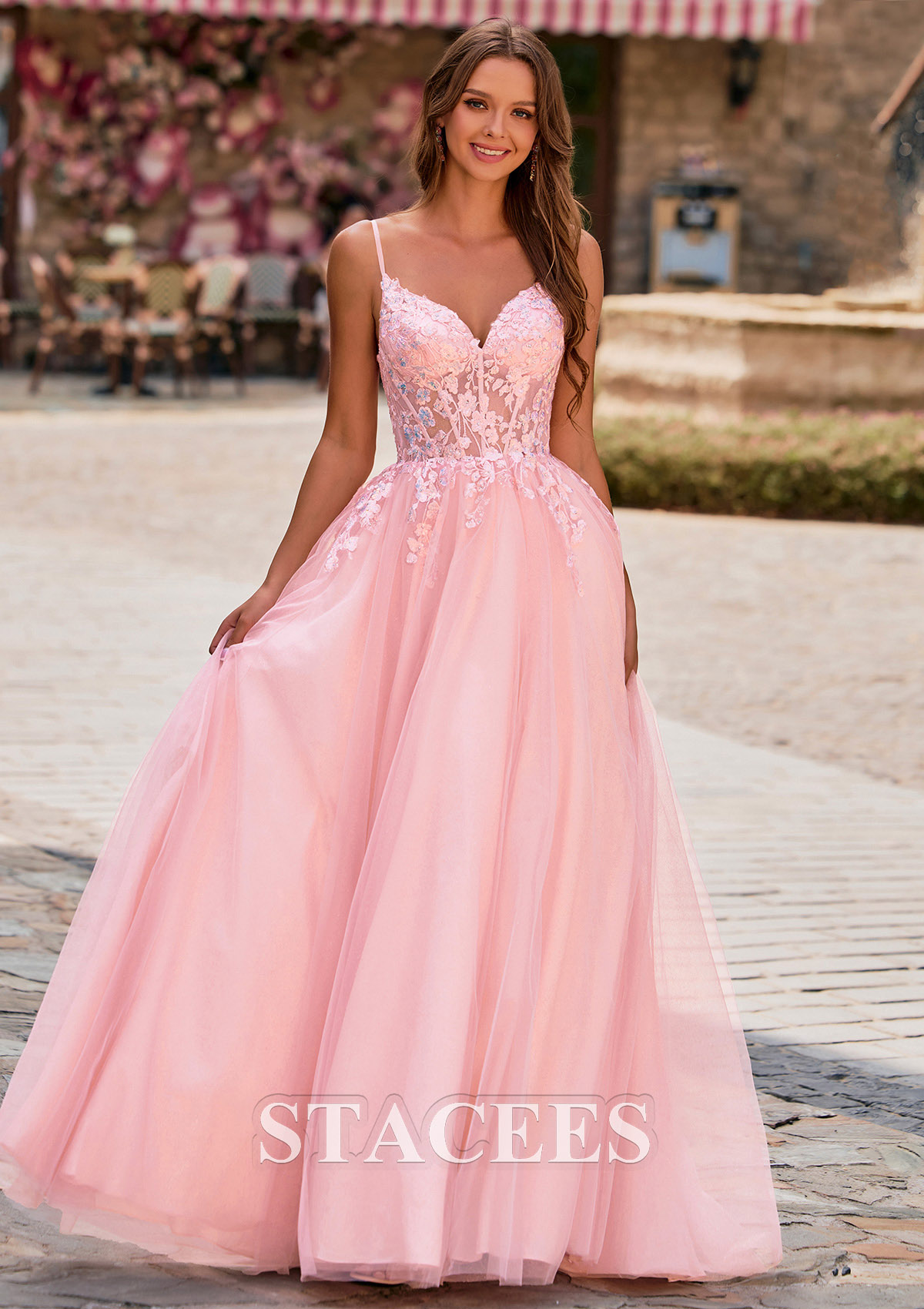 Blushing Pink A-line V Neck Floral Lace Applique Corset Tulle Sweep Train Prom Dress - STACEES