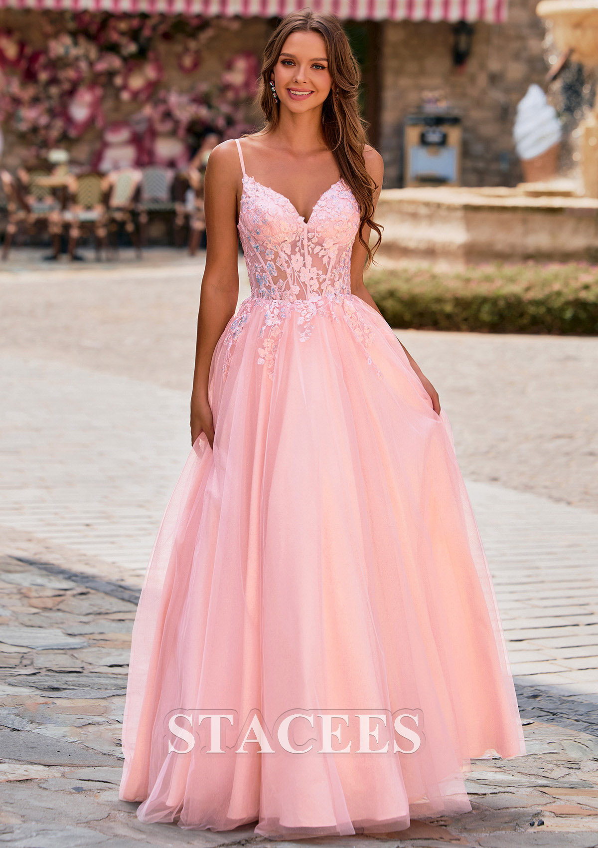 Blushing Pink A-line V Neck Floral Lace Applique Corset Tulle Sweep Train Prom Dress - STACEES