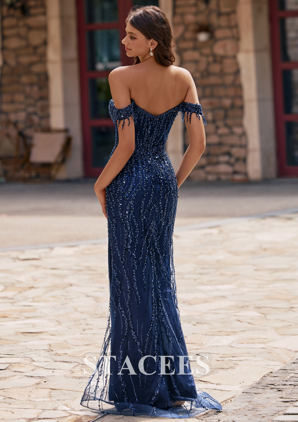 Dark Navy Fitted Tassel Off-the-Shoulder Beaded Sequined Prom Dress with Slit - STACEES