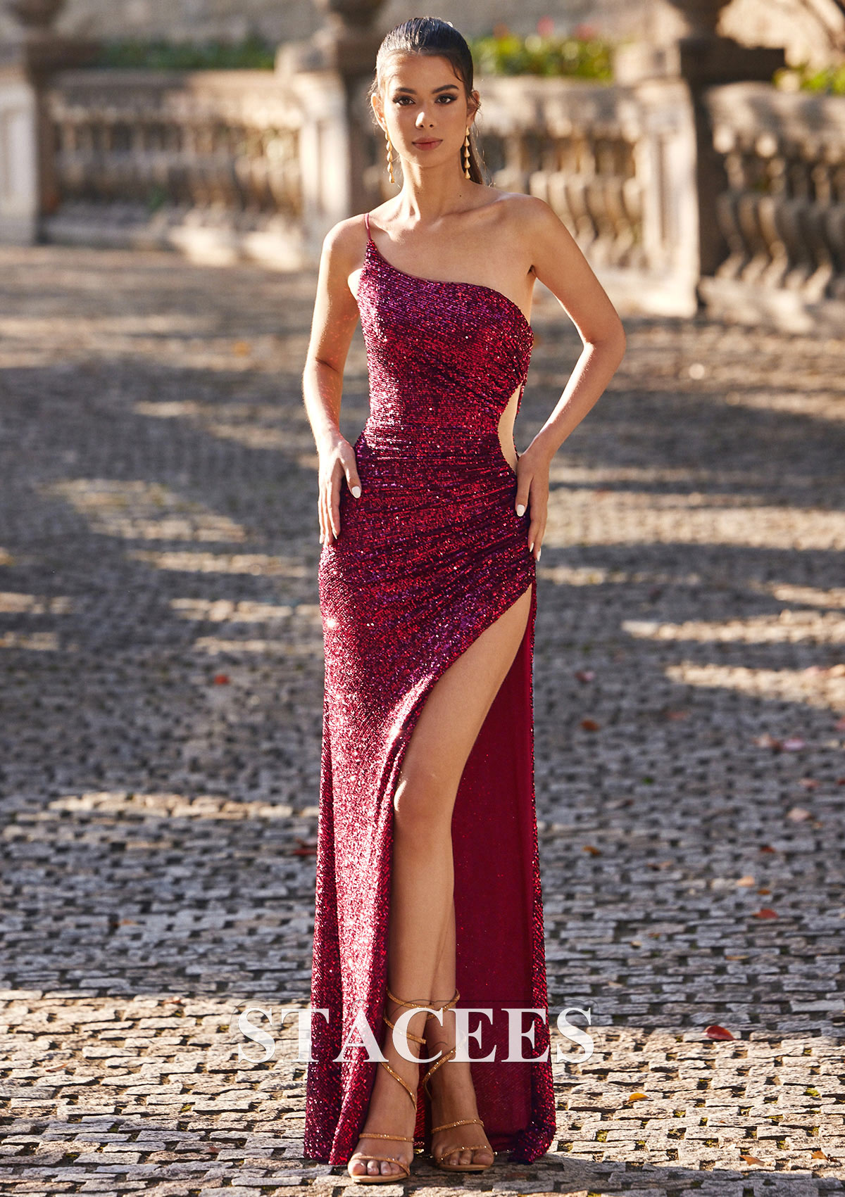 Burgundy Sheath/Column One-Shoulder Floor-Length Sequined Prom Dress with Split - STACEES