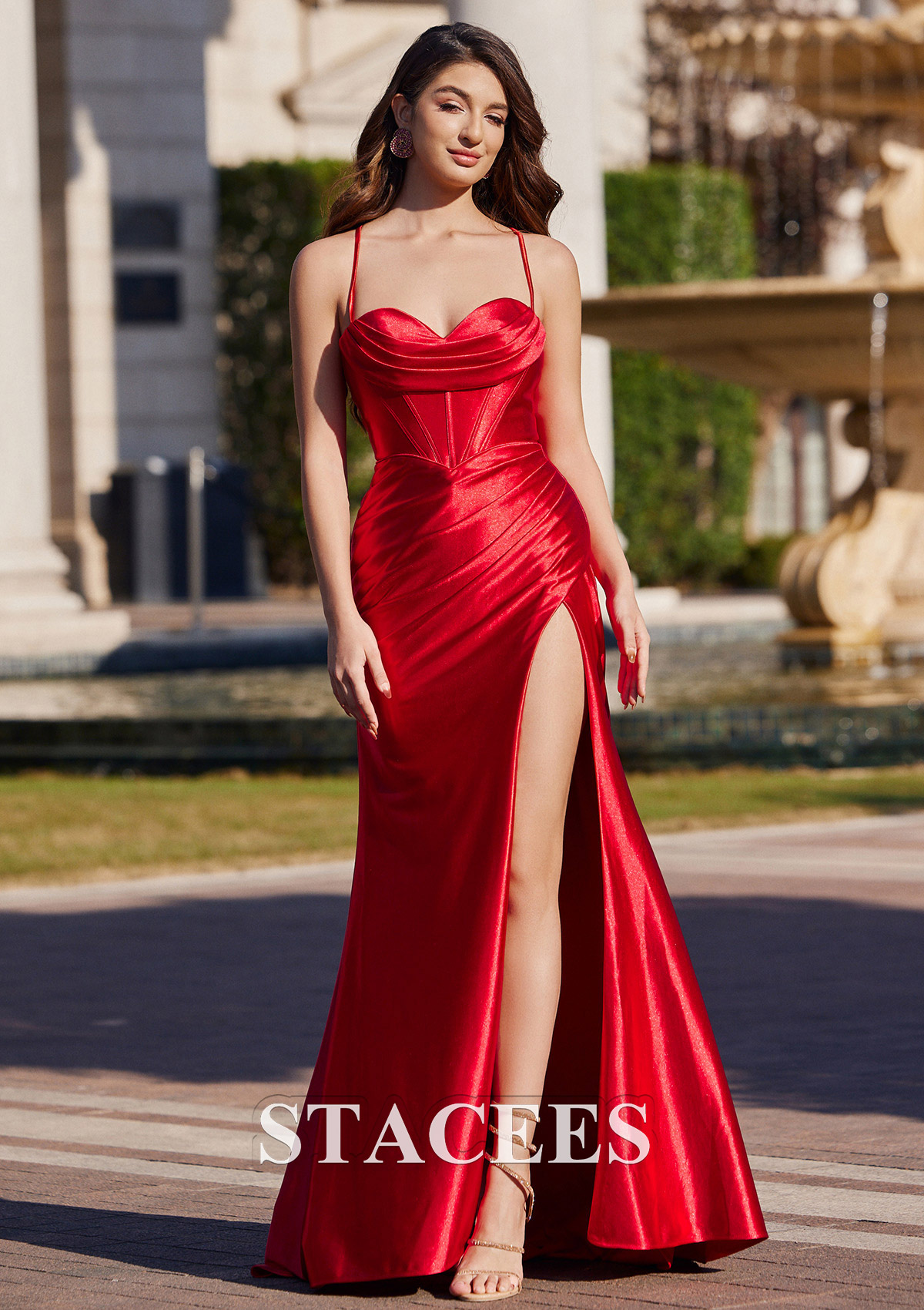 Red Sheath/Column Sweetheart Sweep Train Silk like Satin Prom Dress with Pleated Split - STACEES