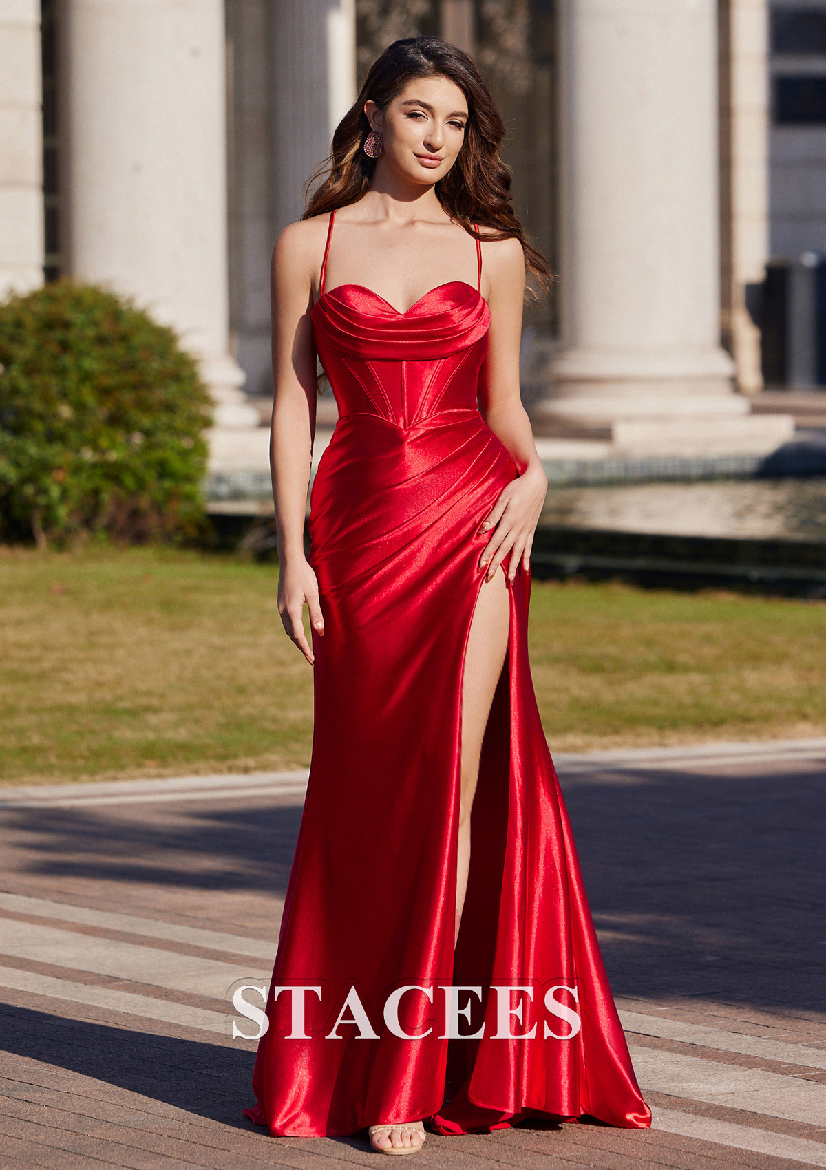 Red Sheath/Column Sweetheart Sweep Train Silk like Satin Prom Dress with Pleated Split - STACEES