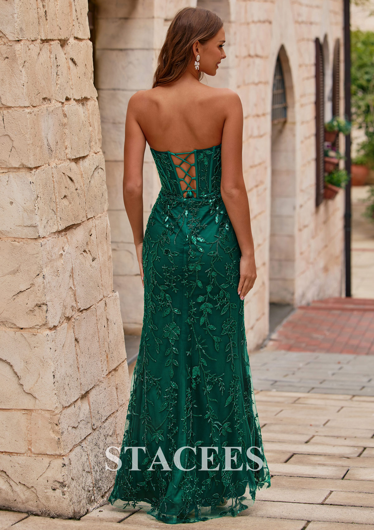 Dark Green Fitted Sweetheart Corset Floral-Embroidered Slit Prom Dress with Removable Straps - STACEES