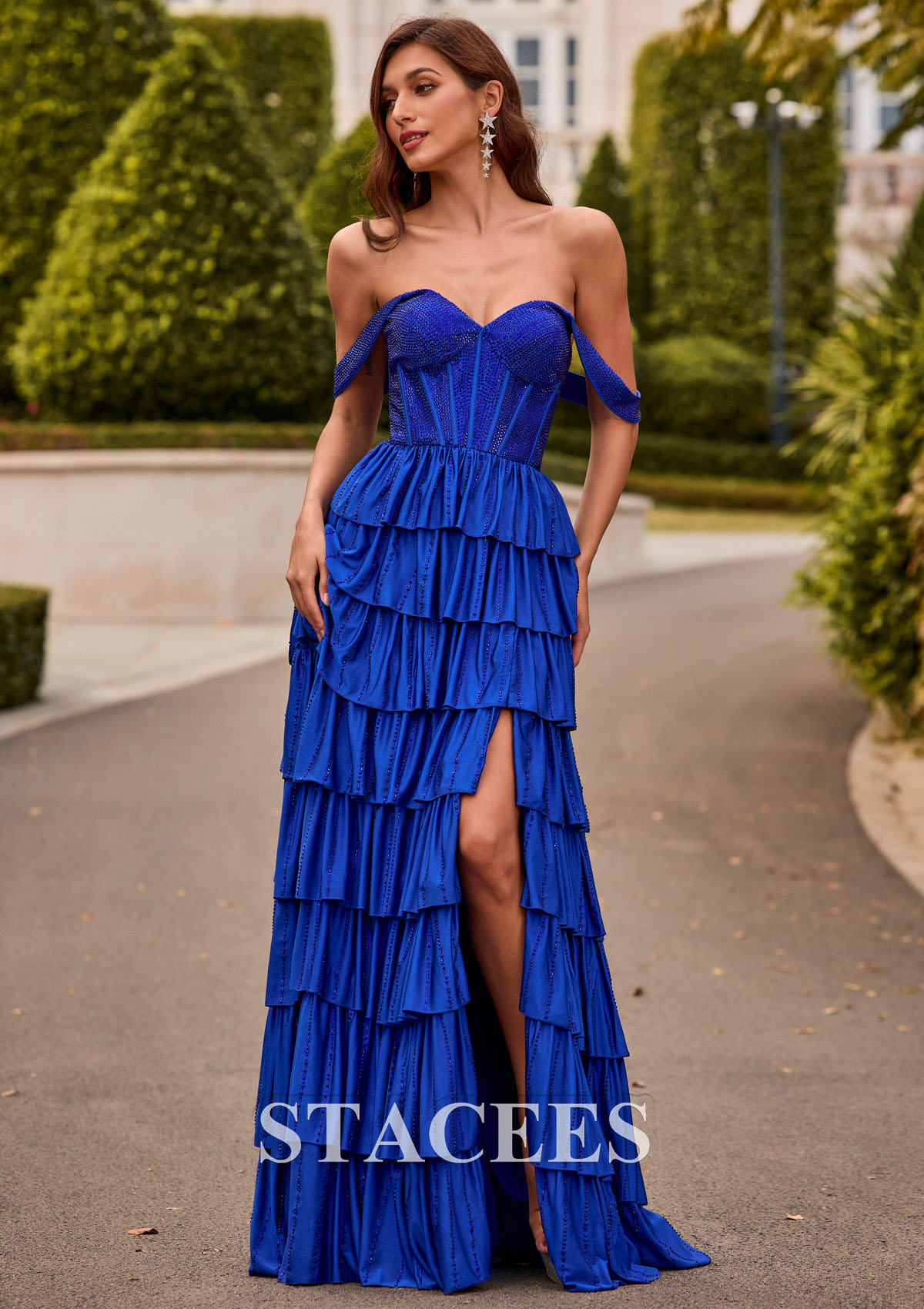 Bleu Océan Trapèze épaule dénudée jersey longueur ras du sol robe de bal  - STACEES