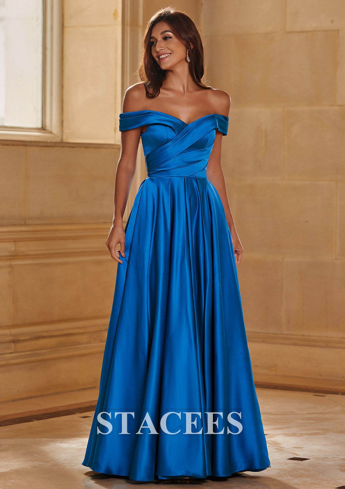Ocean Blue A-line Off-the-Shoulder Satin Floor-Length Prom Dress with Pleated Pockets - STACEES