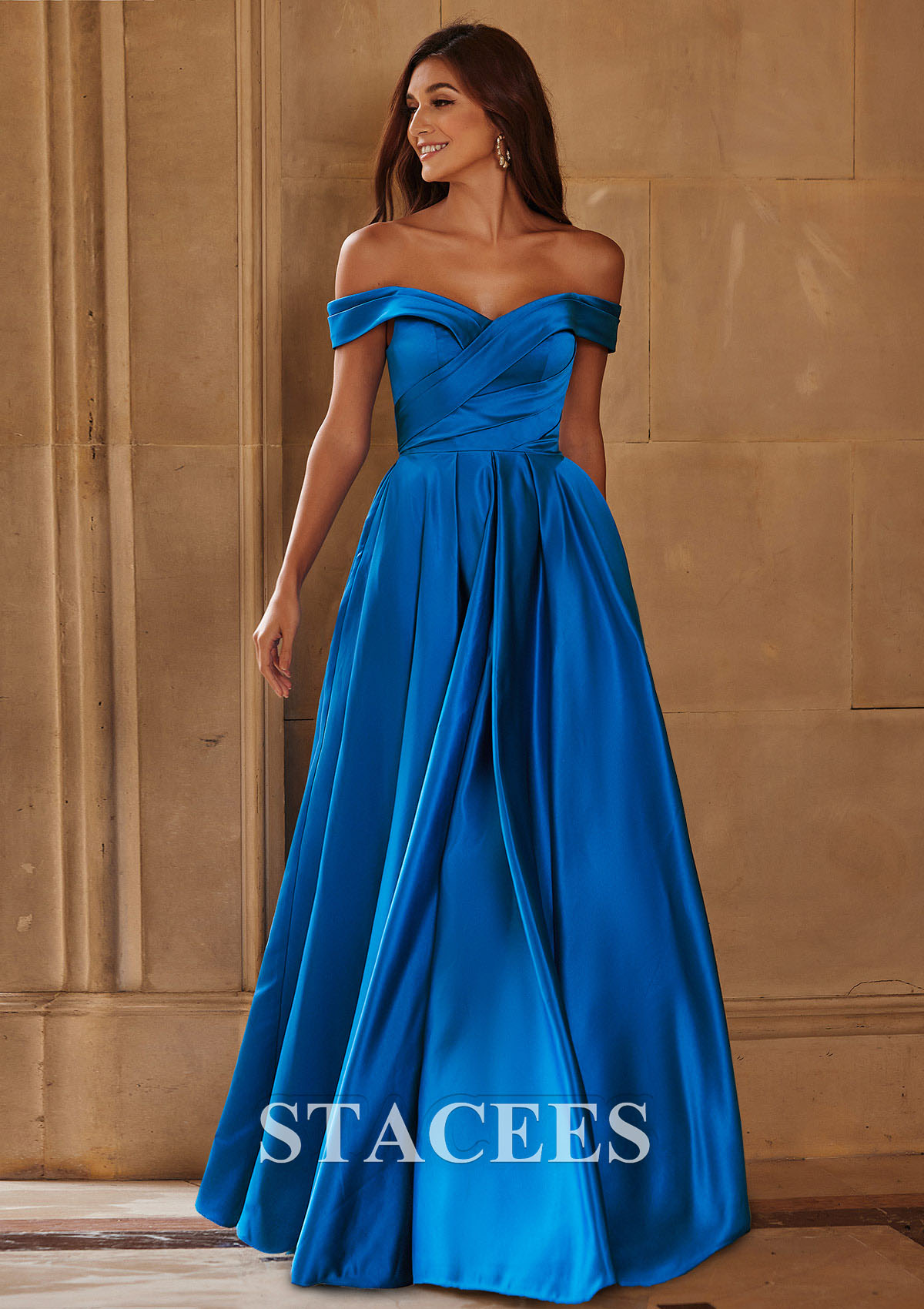 Ocean Blue A-line Off-the-Shoulder Satin Floor-Length Prom Dress with Pleated Pockets - STACEES