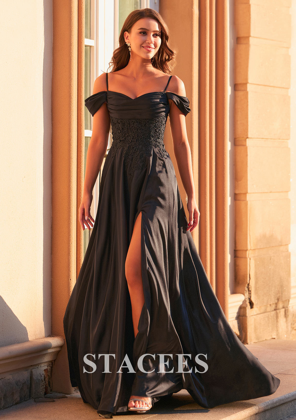 Black A-line Off-the-Shoulder Slit Sweep Train Prom Dress with Appliques Lace - STACEES