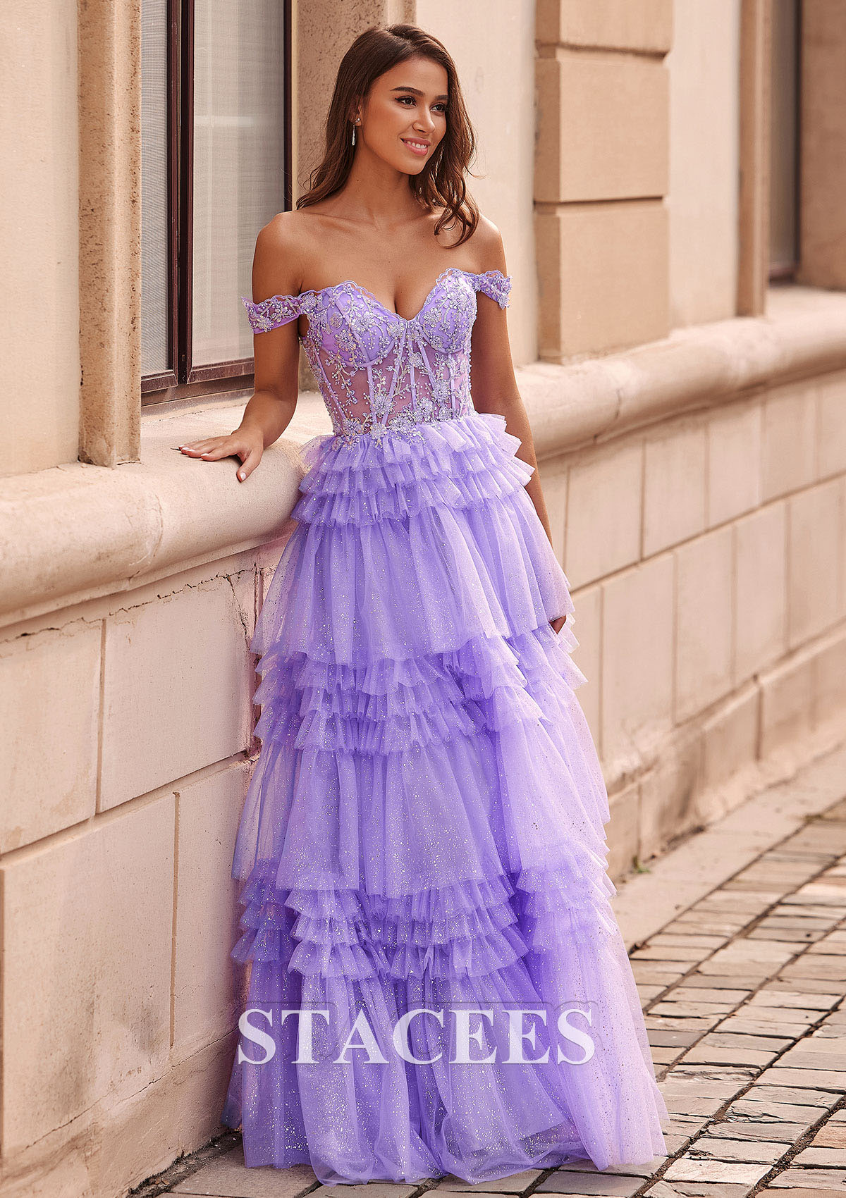 Lilac A-line Applique Off-the-Shoulder Corset Ruffle Tiered Glitter Tulle Prom Dress - STACEES