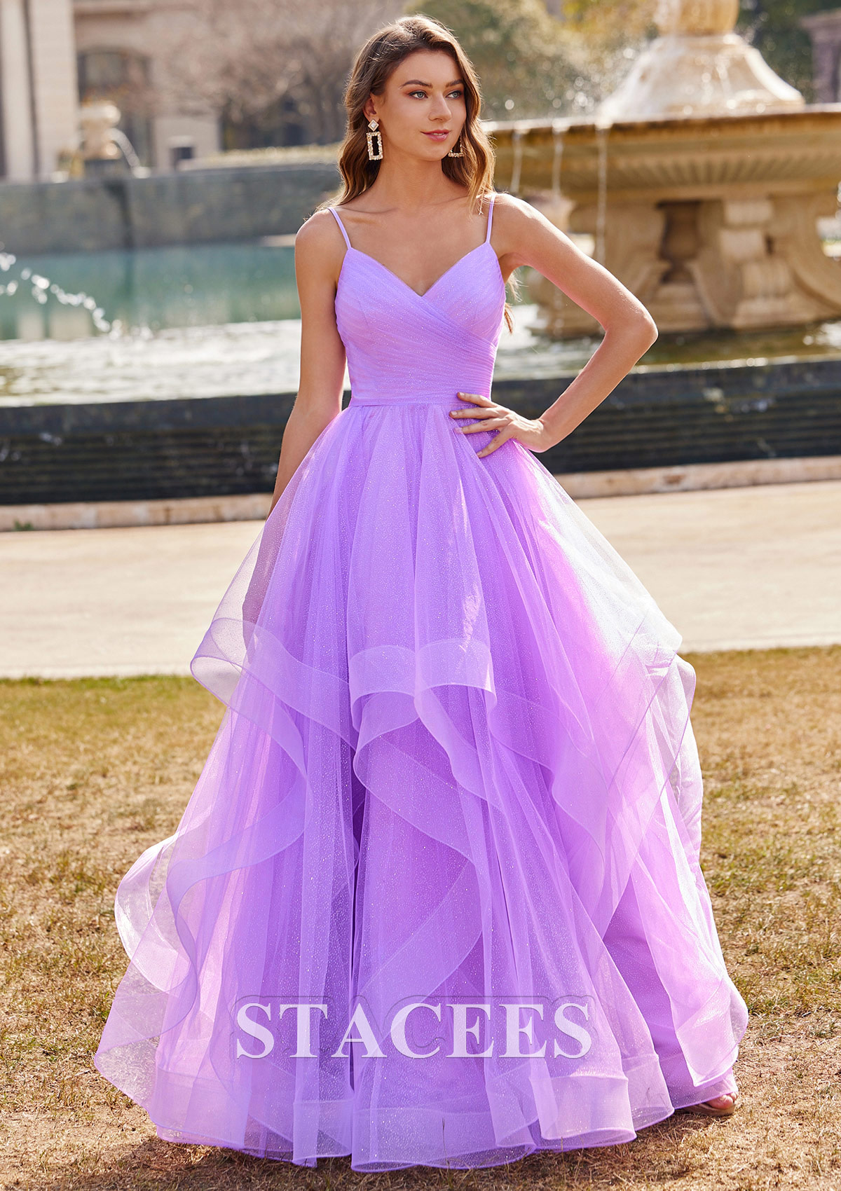 A-line Princess V Neck Sleeveless Floor-Length Tulle Prom Dress with Ruffles Glitter - Prom Dresses