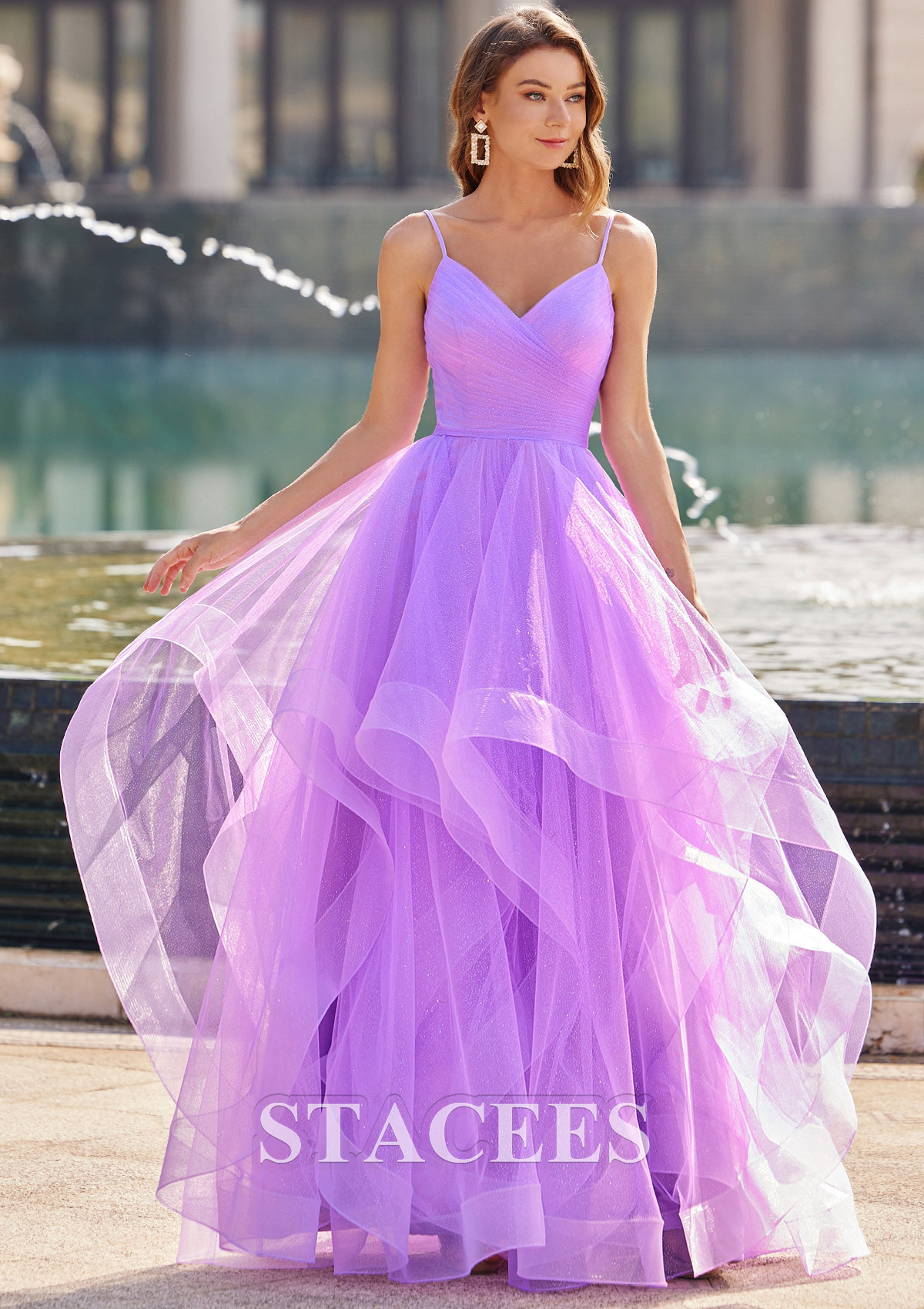 Lilac A-line Princess V Neck Floor-Length Tulle Prom Dress with Ruffles Glitter - STACEES
