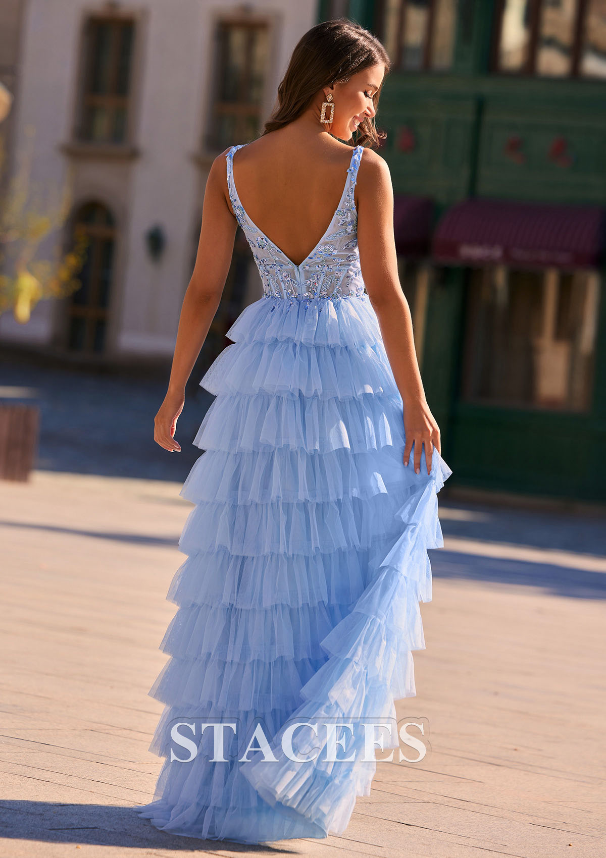 Sky Blue A-line Sequined Applique V Neck Tiered Ruffled Tulle Prom Dress - STACEES