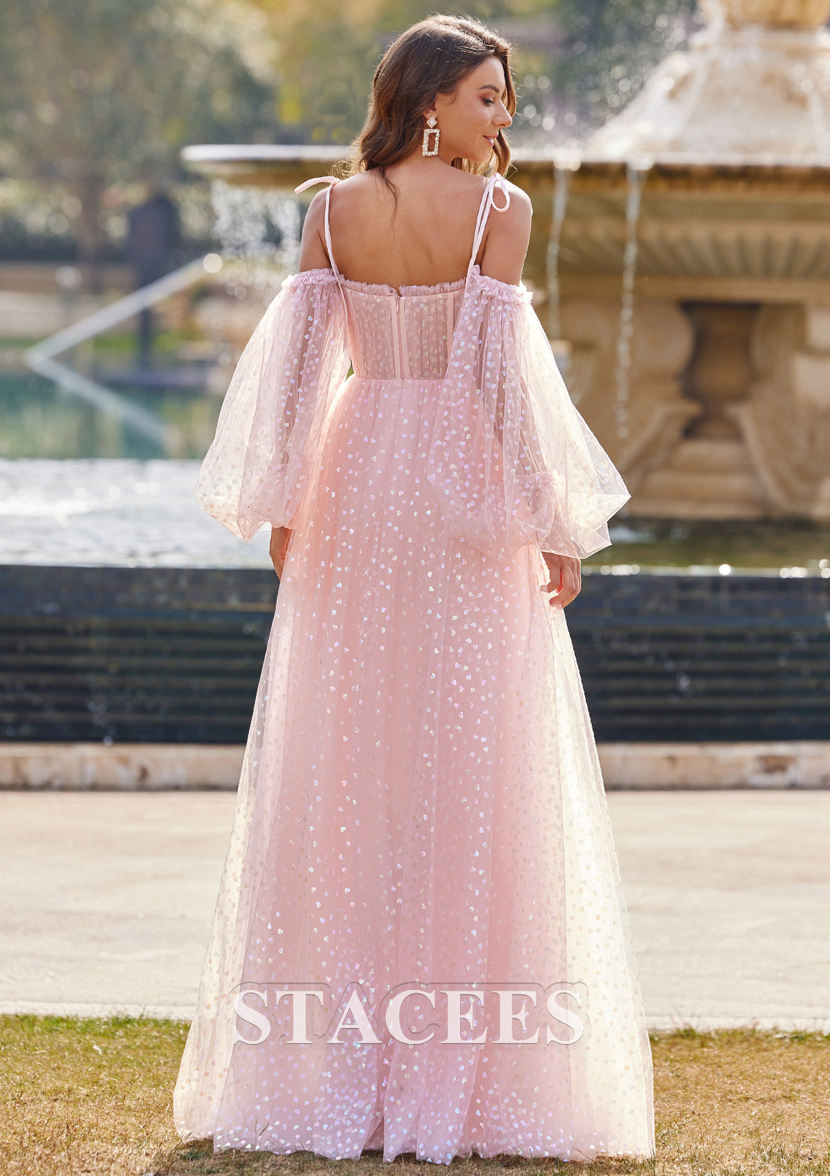 Blush A-line Square Neckline Full/Long Sleeve Floor-Length Tulle Prom Dress with Sequins - STACEES
