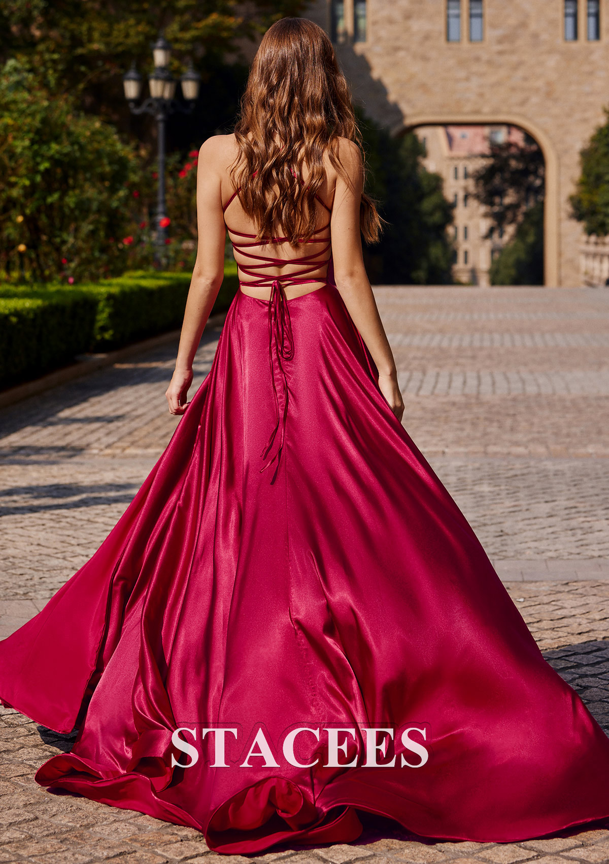 Burgundy Vestido línea a cuello cuadrado tela charmeuse barrer tren vestido de graduación - STACEES