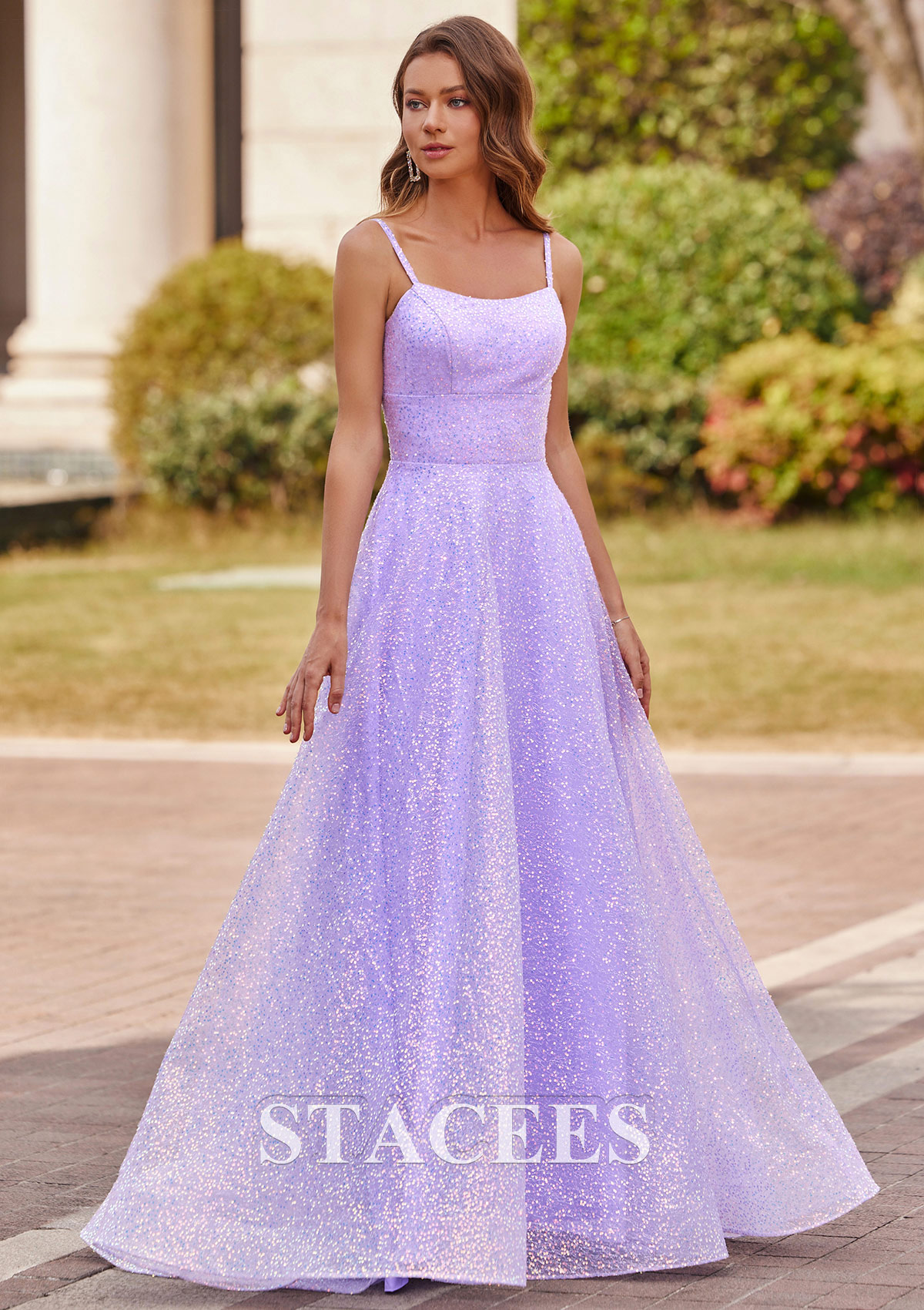 Lilac Vestido línea a cuello cuadrado lentejuelas barrer tren vestido de graduación - STACEES