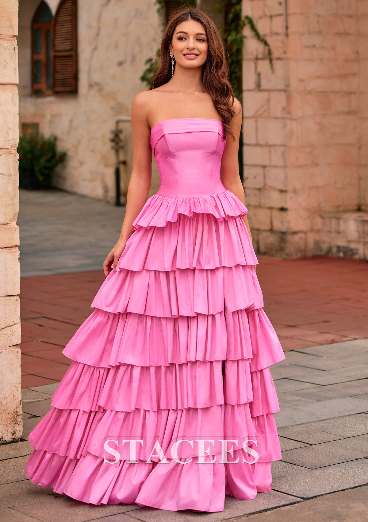 Candy pink A-line Strapless Tiered Ruffle Taffeta Backless Prom Dress with Slit - STACEES