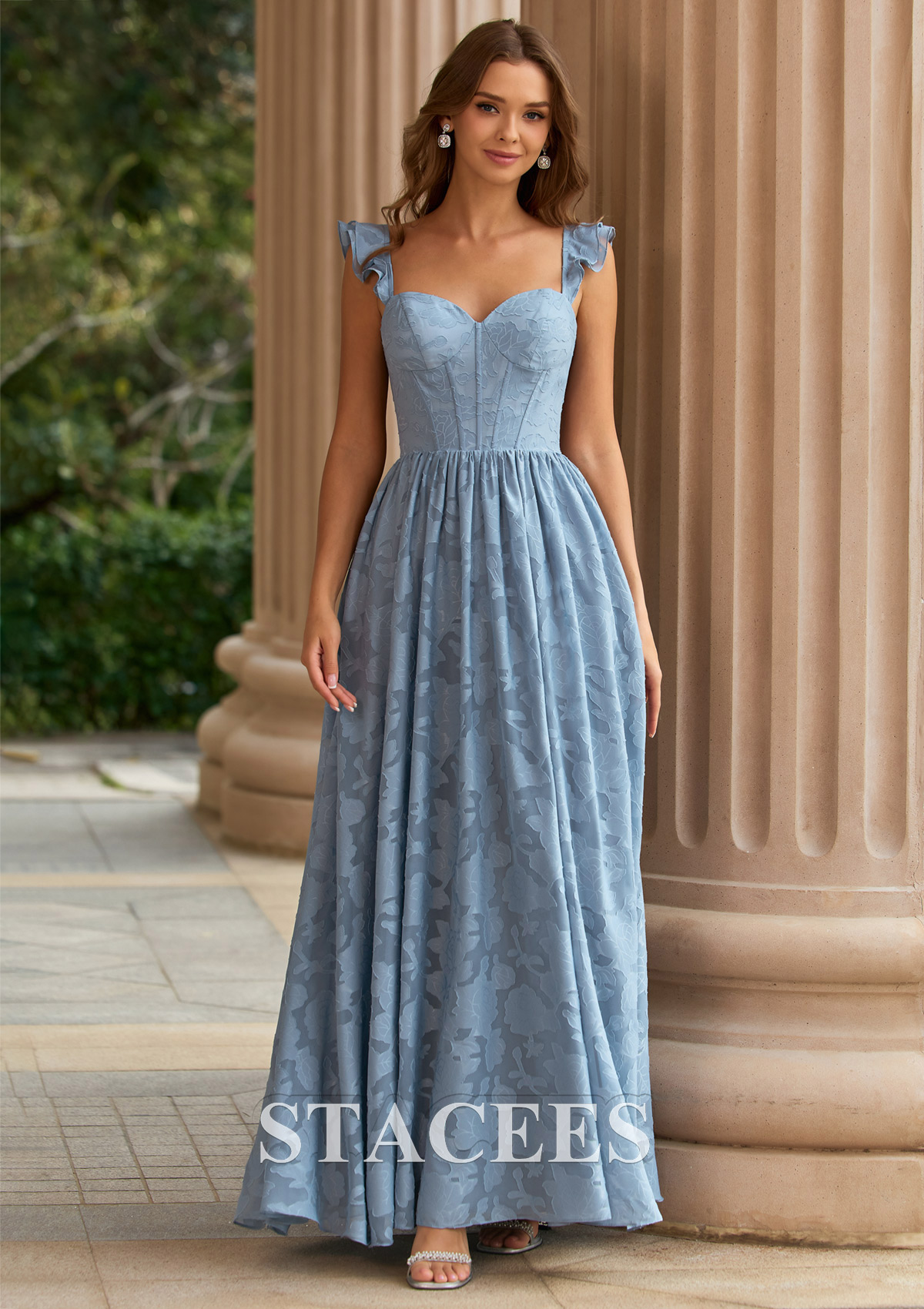 Bleu Poudré Trapèze cache coeur jacquard longueur ras du sol robe de bal avec plissé volants - STACEES