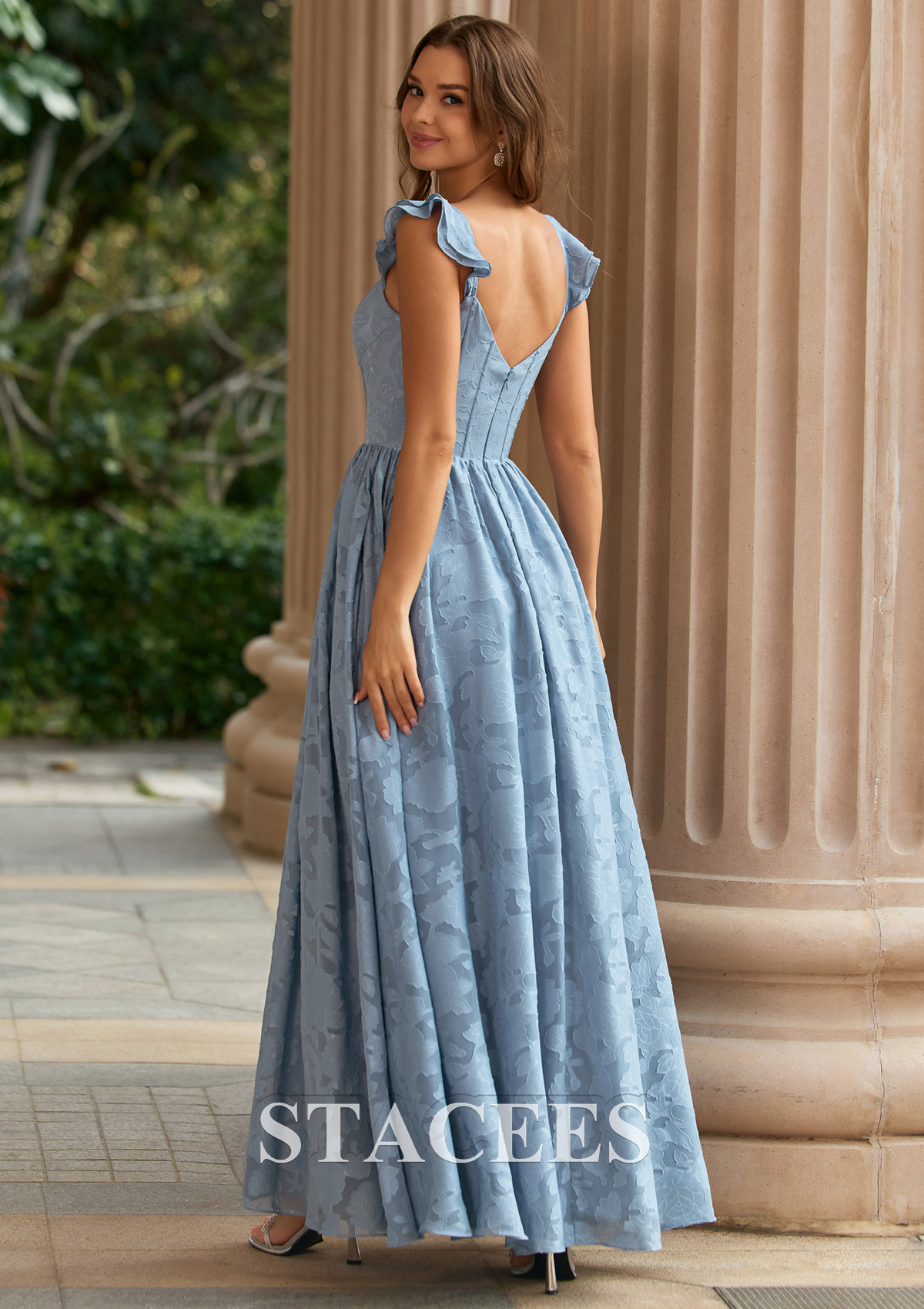 Bleu Poudré Trapèze cache coeur jacquard longueur ras du sol robe de bal avec plissé volants - STACEES