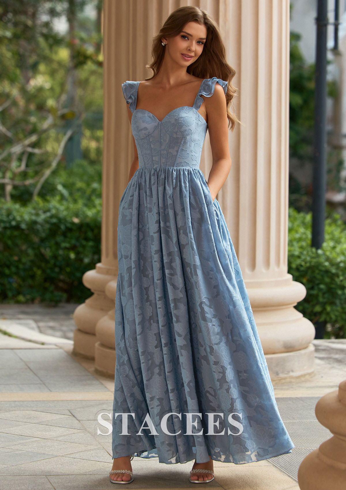 Bleu Poudré Trapèze cache coeur jacquard longueur ras du sol robe de bal avec plissé volants - STACEES