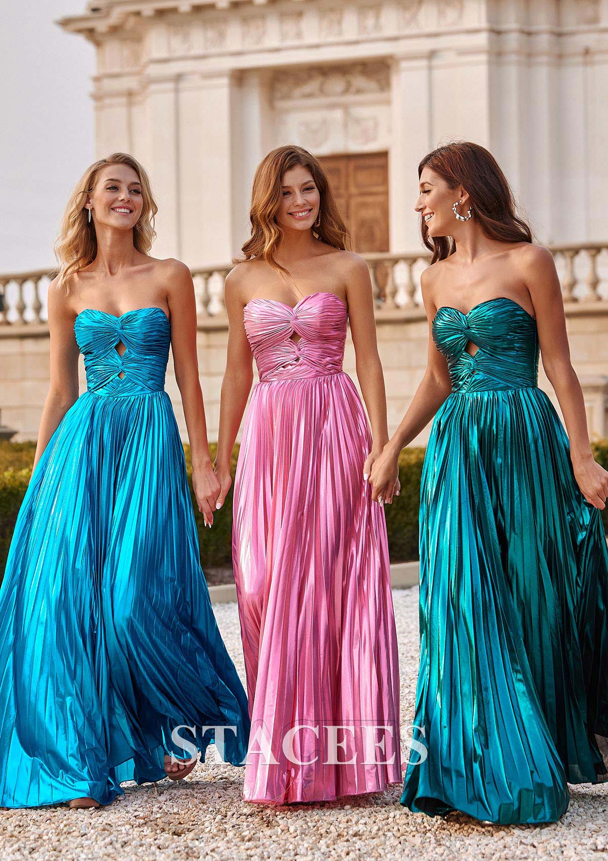 Teal Vestido línea a cuello de corazón metálico hasta el suelo vestido de graduación - STACEES