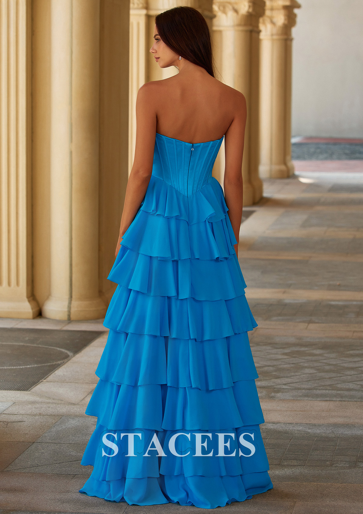 Bleu Trapèze cache coeur satin longueur ras du sol robe de bal avec volants noeuds papillons - STACEES