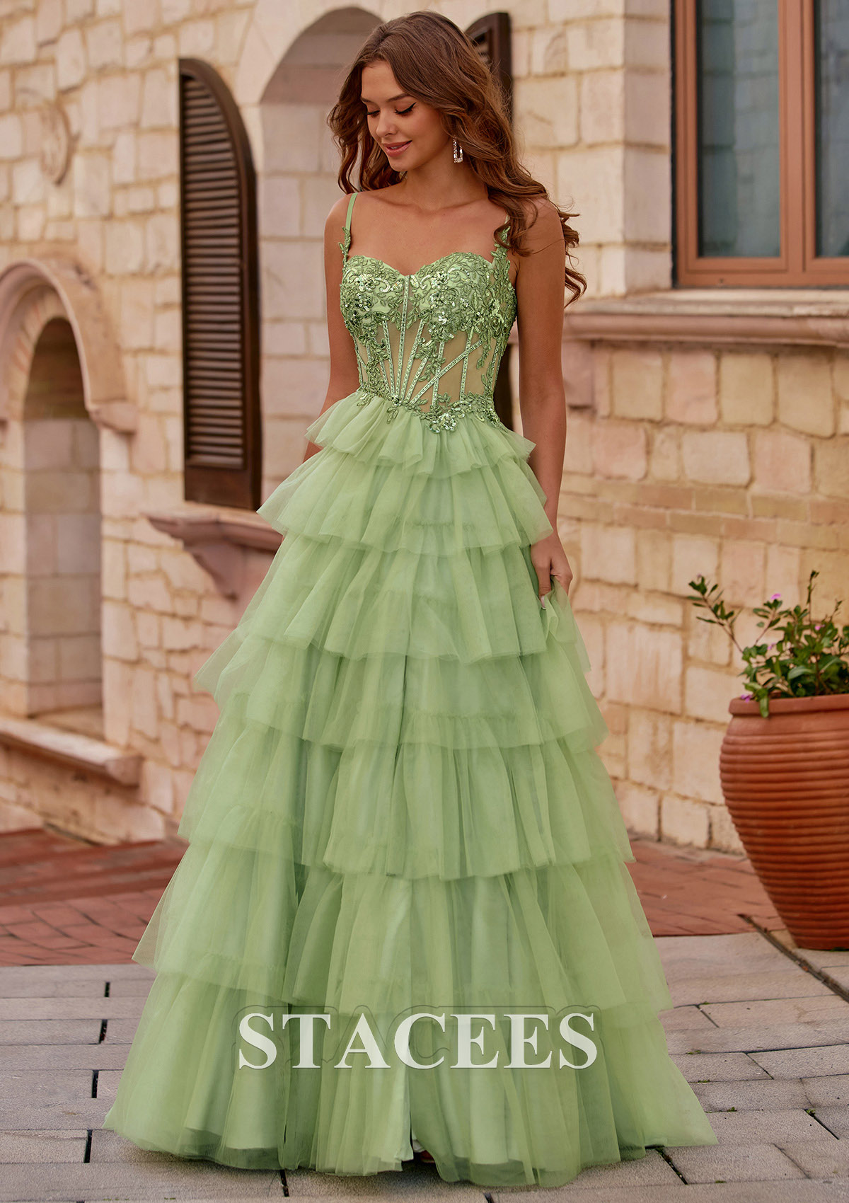 Salvia Vestido línea a cuello de corazón tul cola de barrido vestido de graduación - STACEES