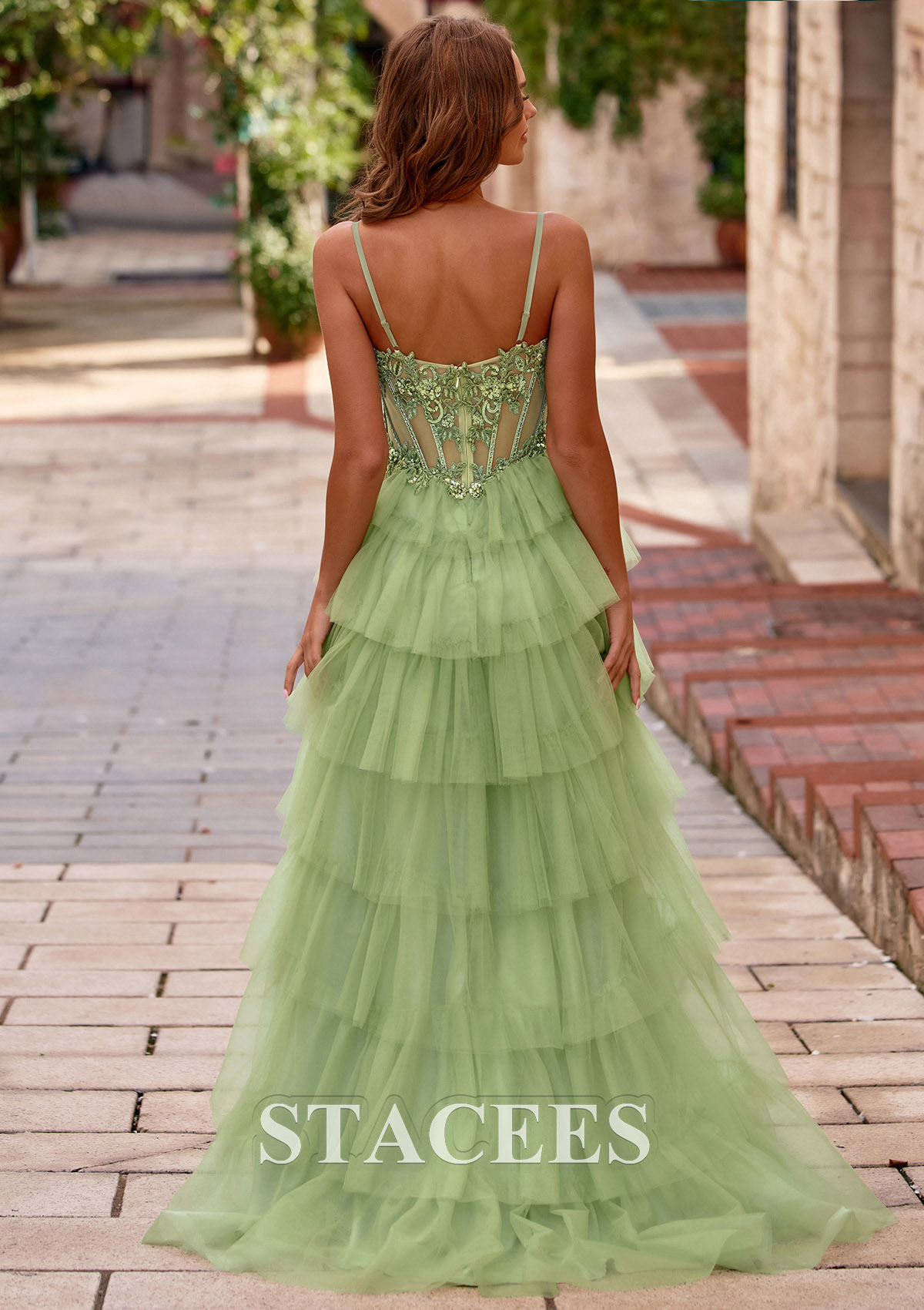 Salvia Vestido línea a cuello de corazón tul cola de barrido vestido de graduación - STACEES