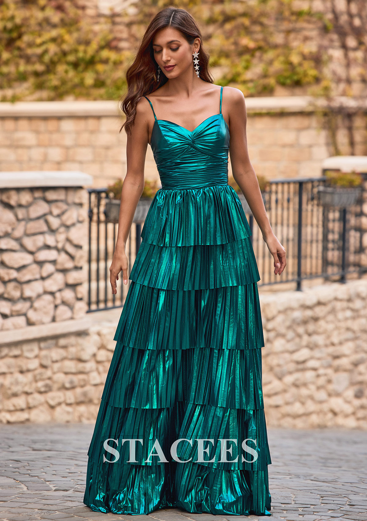 Teal A-line Metallic Tiered Pleated Ruffle Prom Dress V Neck - STACEES