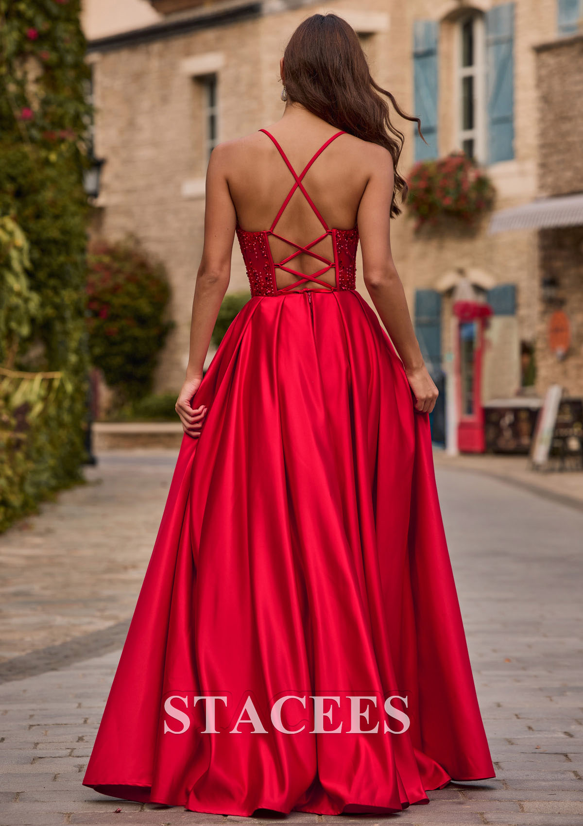 Red A-line V Neck Satin Sweep Train Prom Dress with Beading Sequins - STACEES