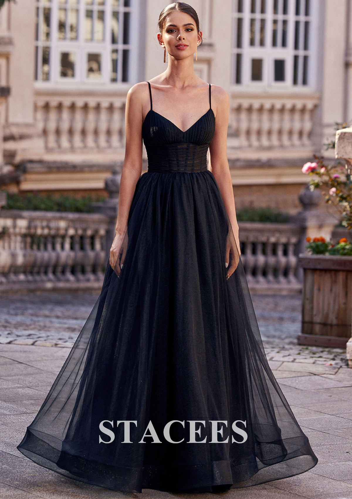 Black Vestido línea a escote en v tul hasta el suelo vestido de graduación - STACEES