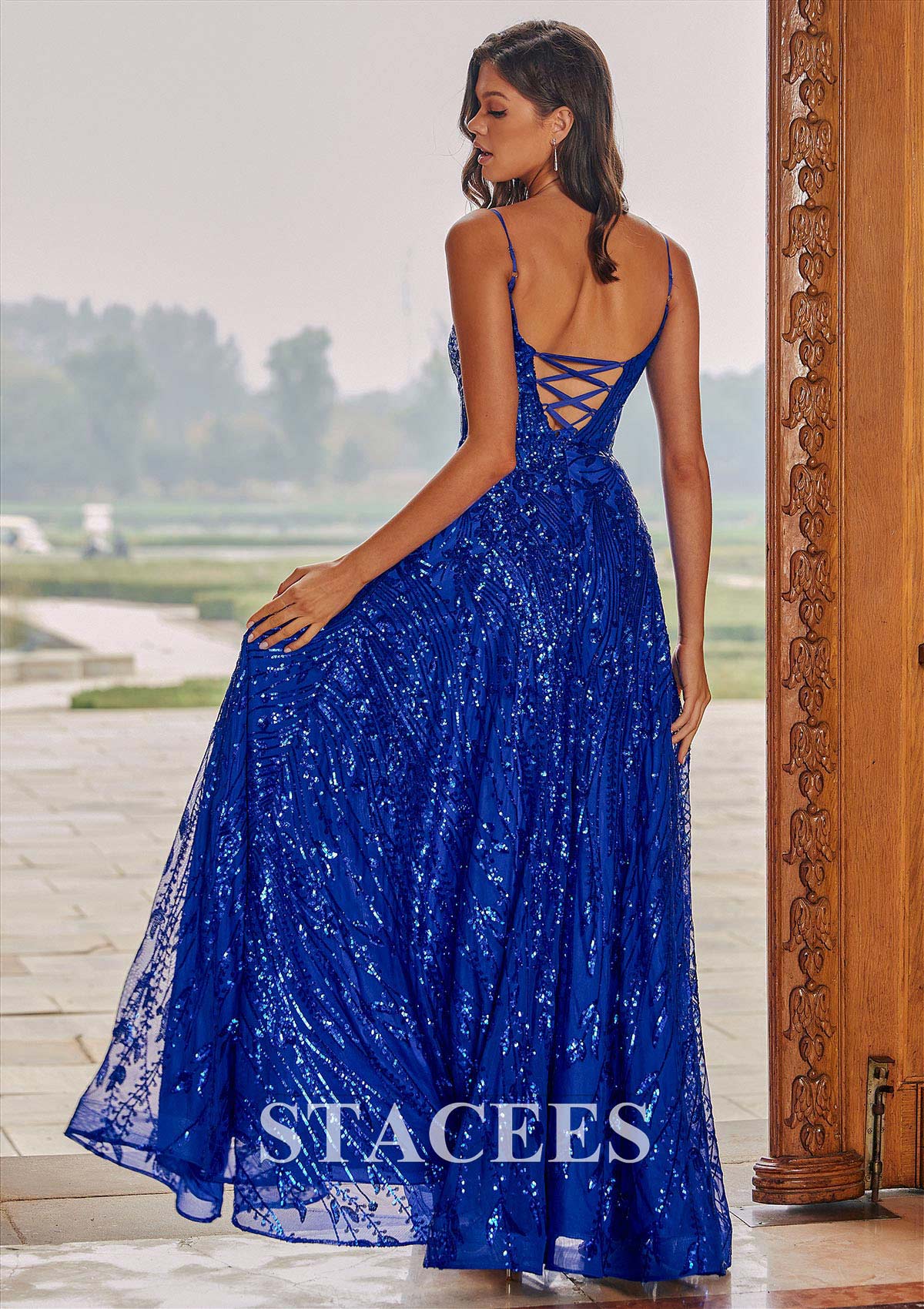 Royal Blue Vestido línea a escote redondo lentejuelas hasta el suelo vestido de graduación - STACEES