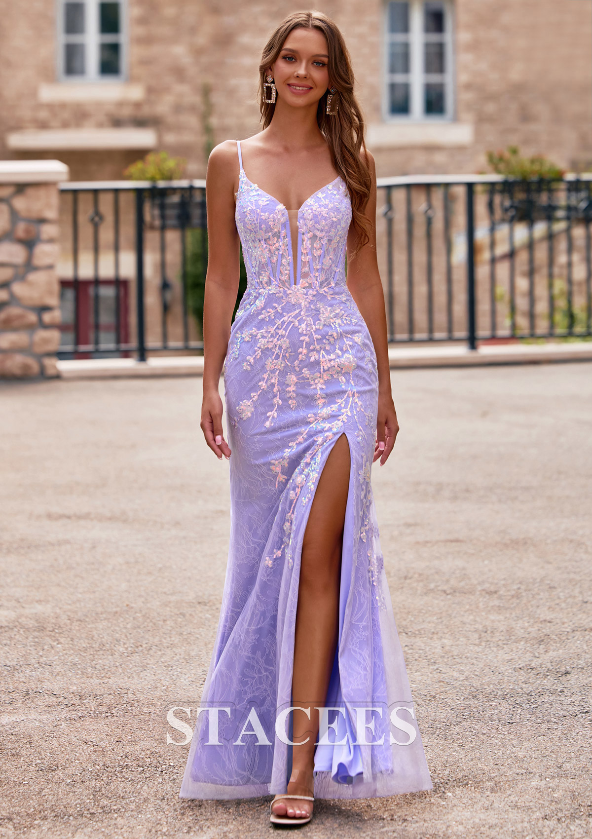 Lilas Fourreau col en v tulle longueur ras du sol robe de bal avec dentelle fendue - STACEES
