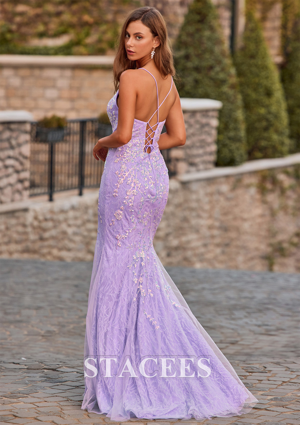 Lilac Trumpet/Mermaid Fitted Scoop Neck Lace Sequins Slit Prom Dress - STACEES