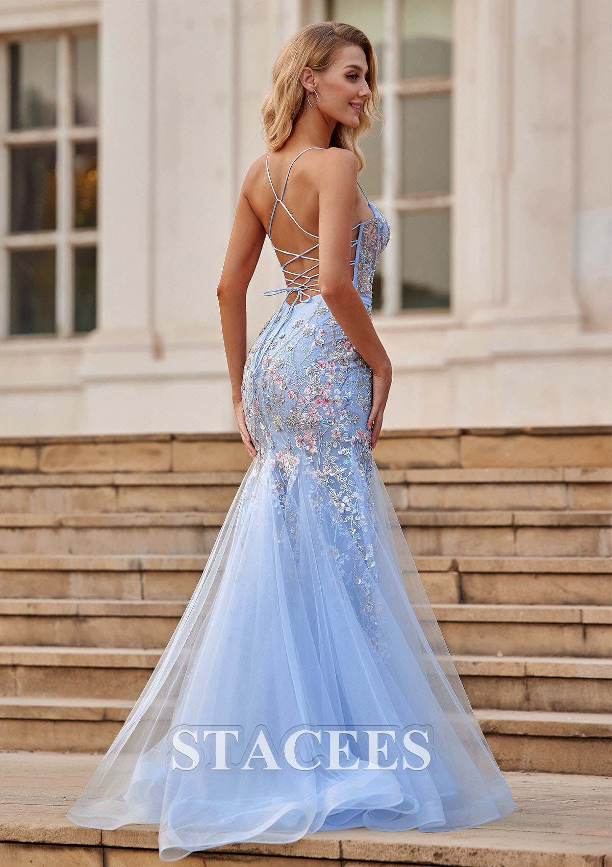 Bleu Ciel Trumpette/Sirène scoop tulle traîne balayage robe de bal - STACEES