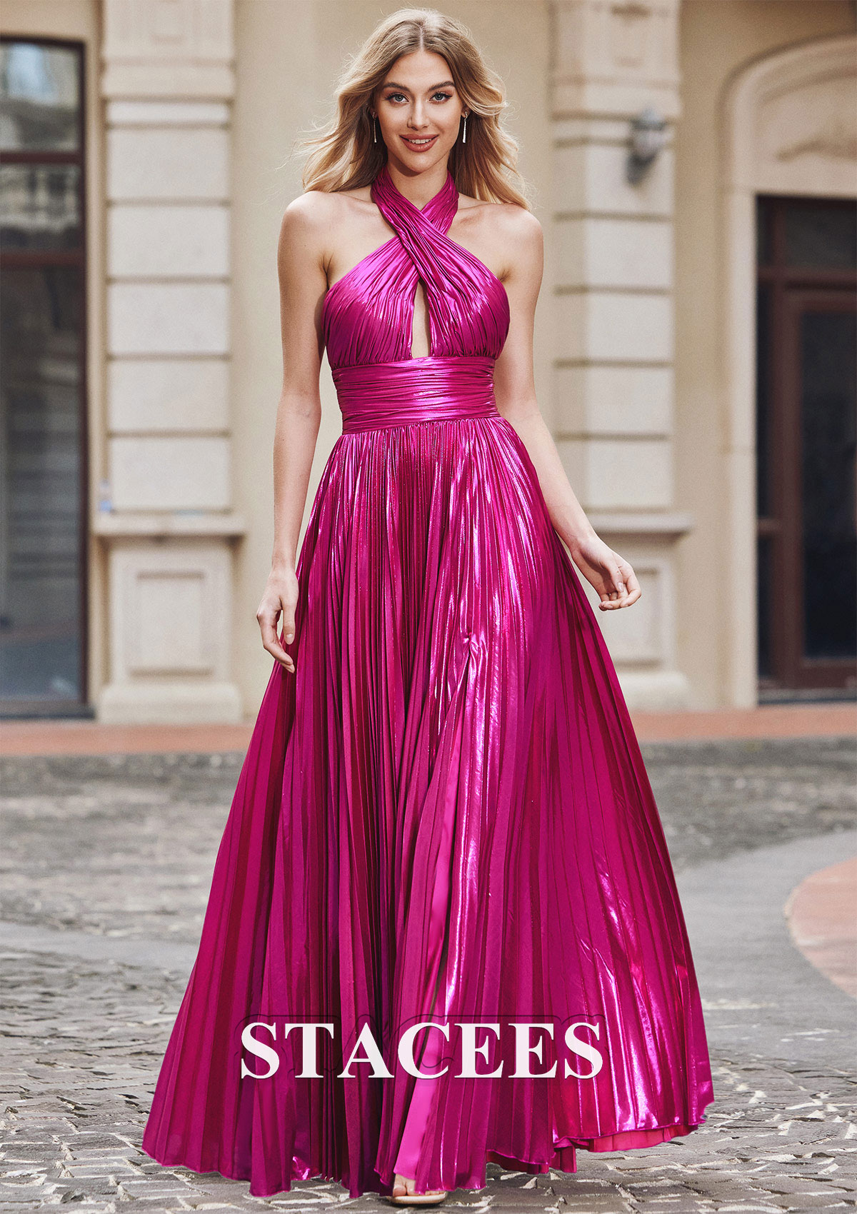 Fucsia Vestido línea a cuello halter metálico hasta el suelo vestido de graduación - STACEES