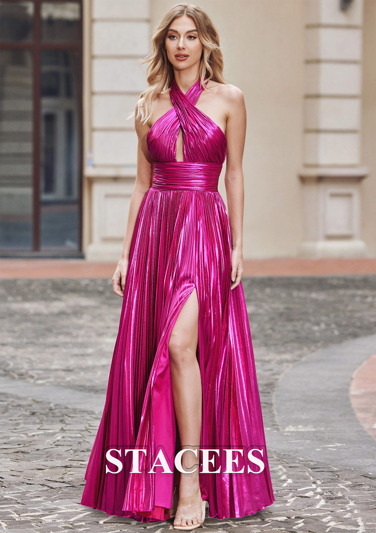 Fucsia Vestido línea a cuello halter metálico hasta el suelo vestido de graduación - STACEES