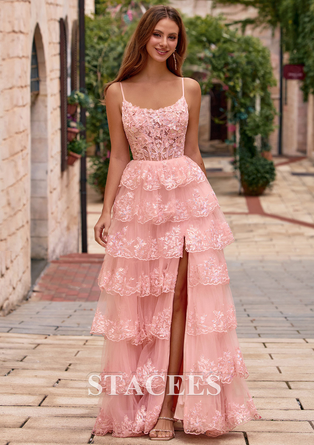 Rose Rougissant Trapèze scoop paillettes longueur ras du sol robe de bal avec fleurs volants - STACEES