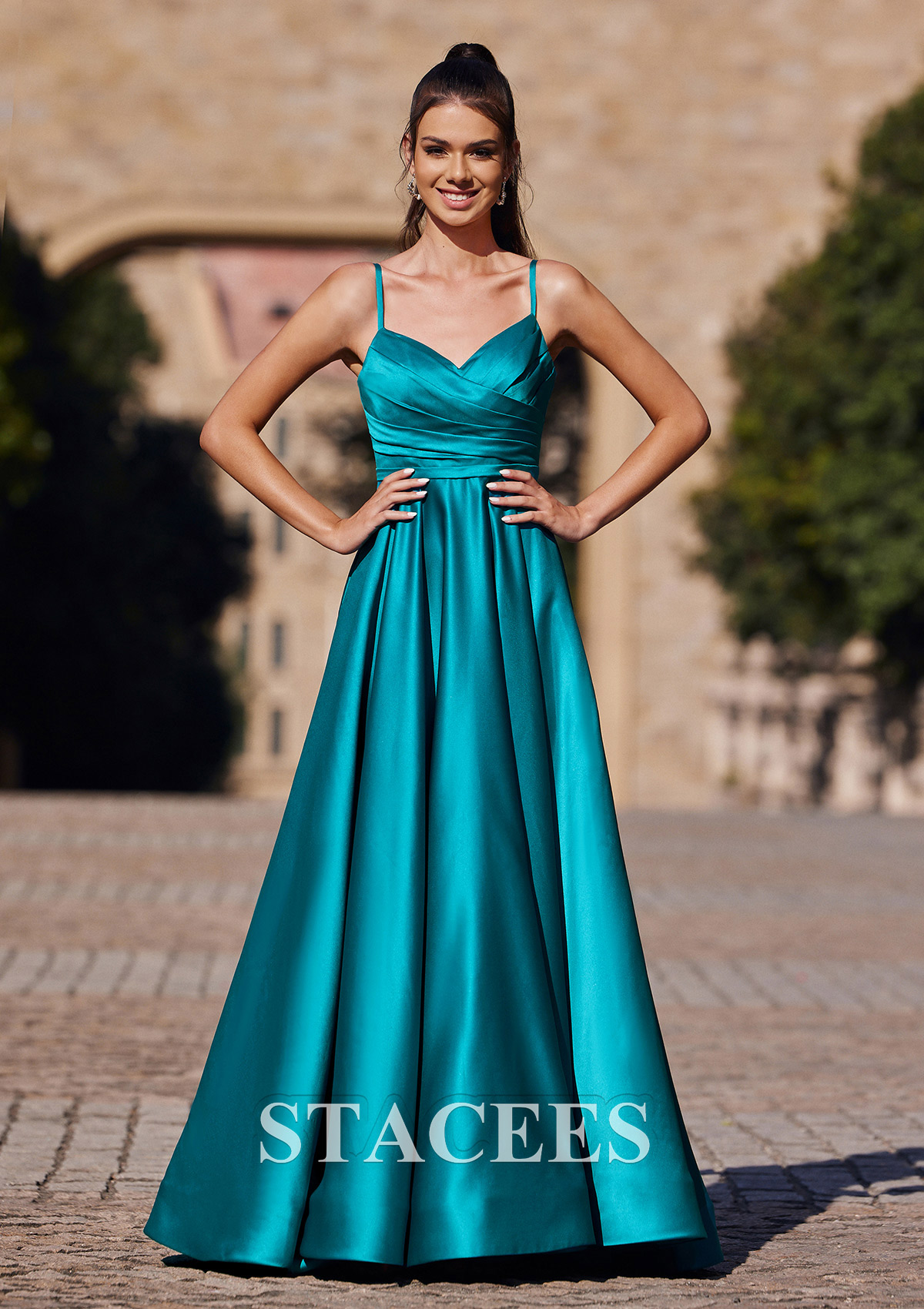 Teal A-line V Neck Sleeveless Sweep Train Satin Prom Dress with Pleated - STACEES