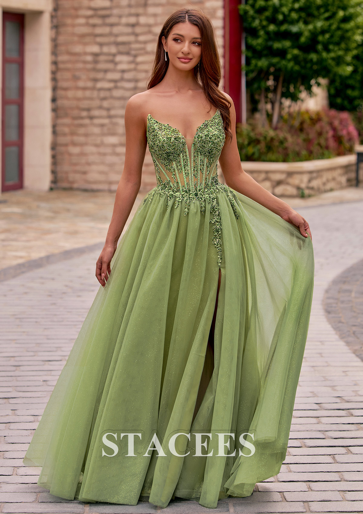 light green corset prom dress Stacees 2026 Plunging V Neck Beaded Sheer Glitter with Slit Red Prom Dresses