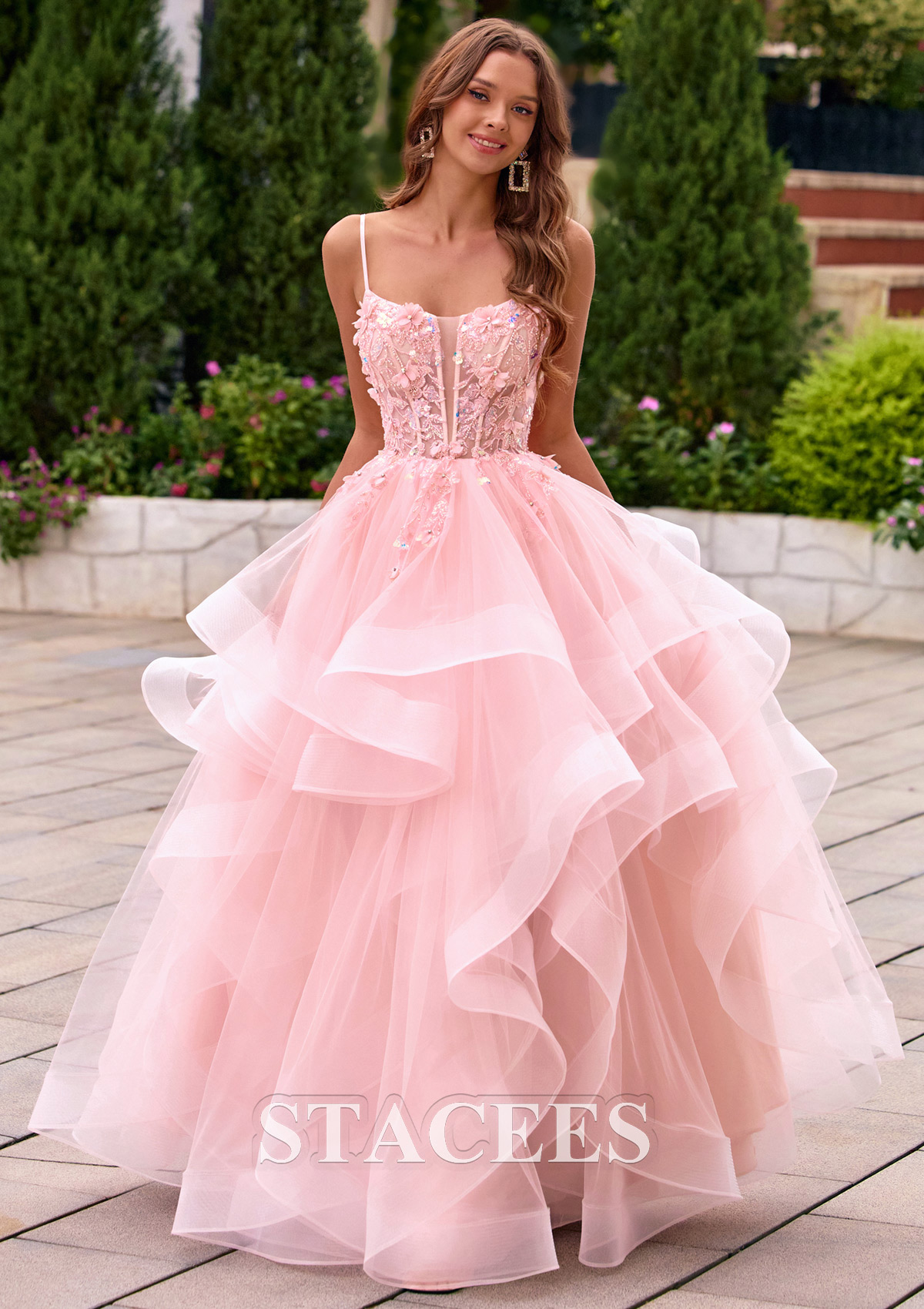 Blushing Pink Ball Gown Ruffled Layers Tulle Prom Dress with 3D Floral Applique Sheer Corset - STACEES