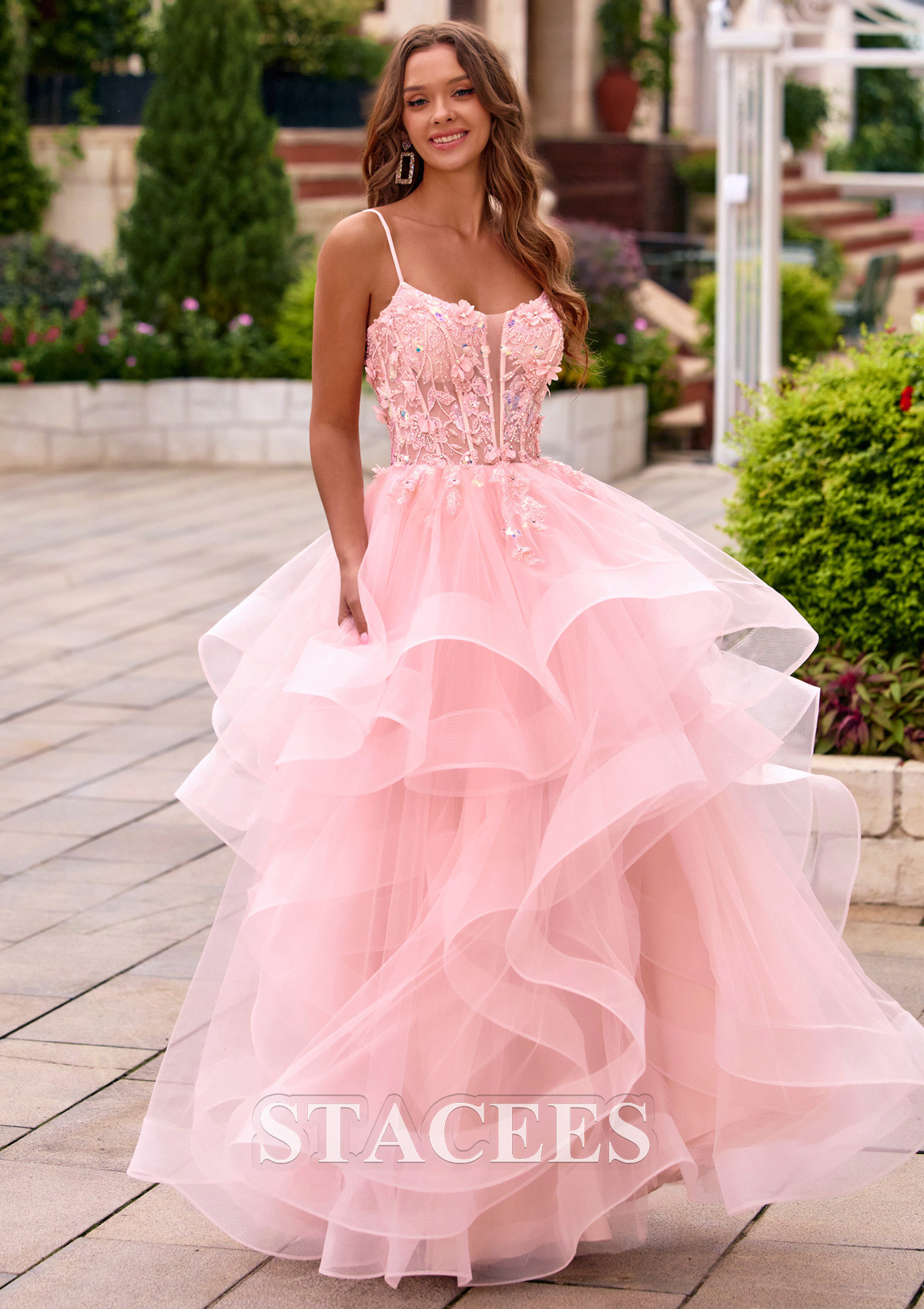 Blushing Pink Ball Gown Ruffled Layers Tulle Prom Dress with 3D Floral Applique Sheer Corset - STACEES