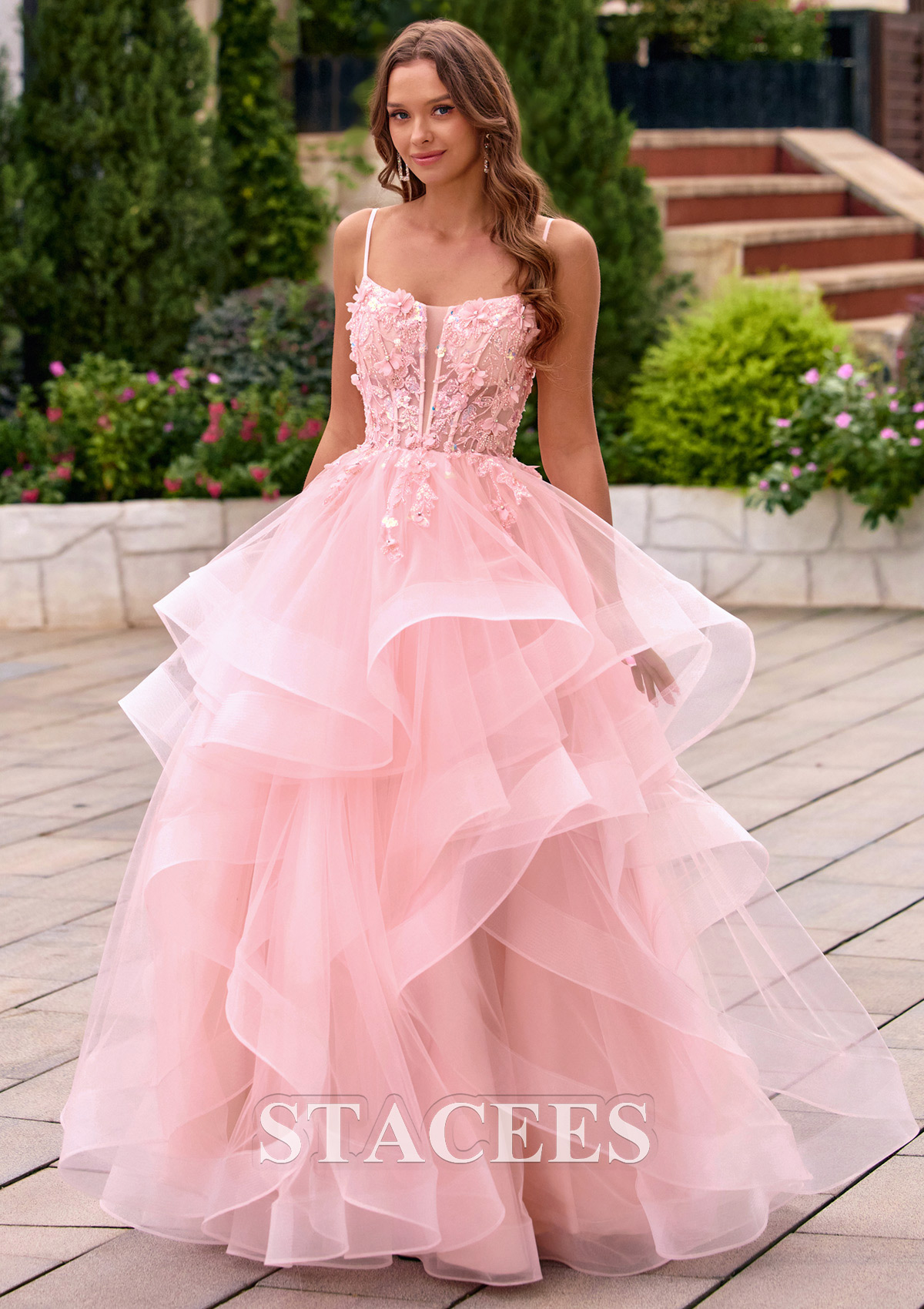 Blushing Pink Ball Gown Ruffled Layers Tulle Prom Dress with 3D Floral Applique Sheer Corset - STACEES