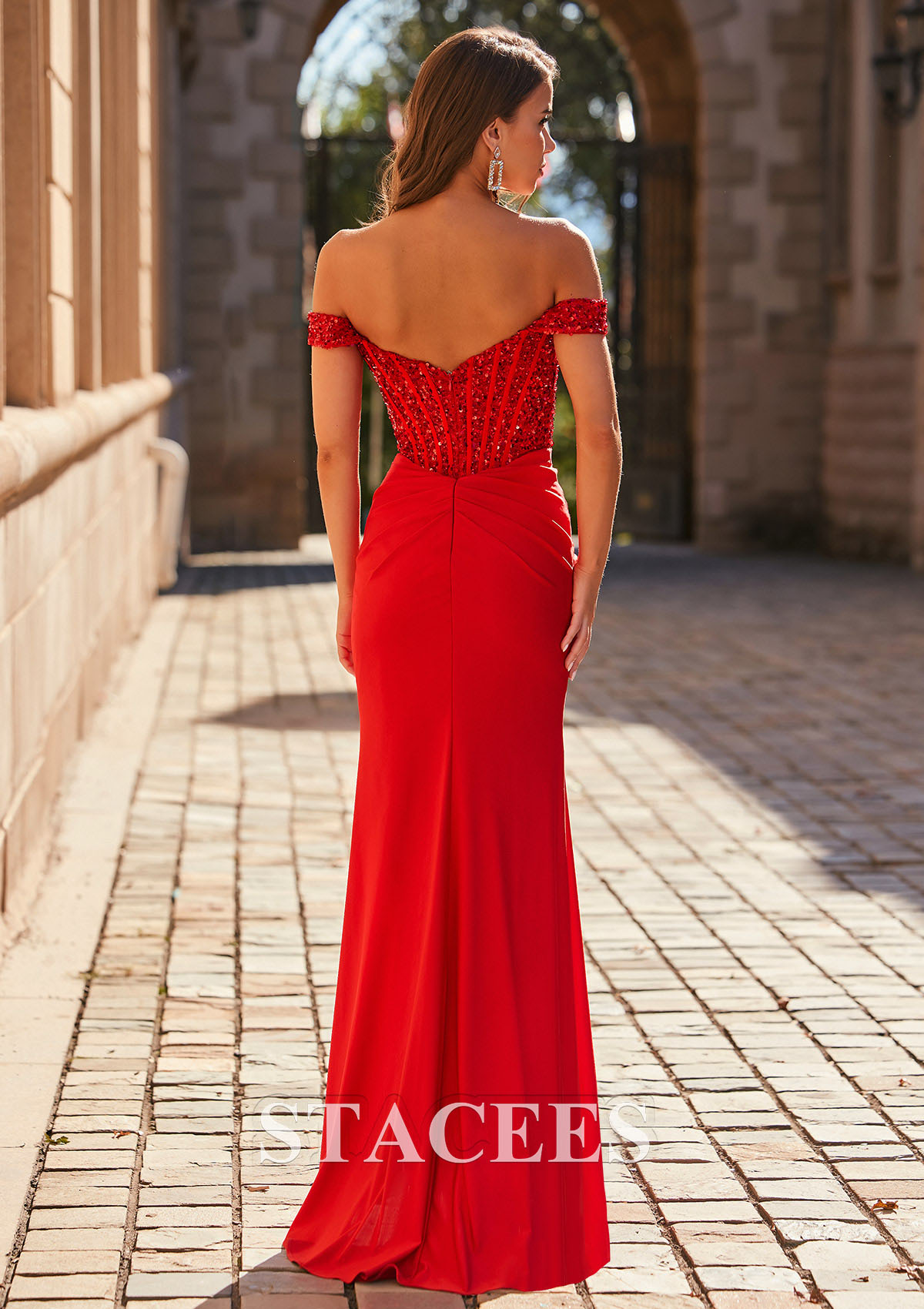 Red Sheath Off-the-Shoulder Jersey Floor-Length Slit Prom Dress with Sequins - STACEES