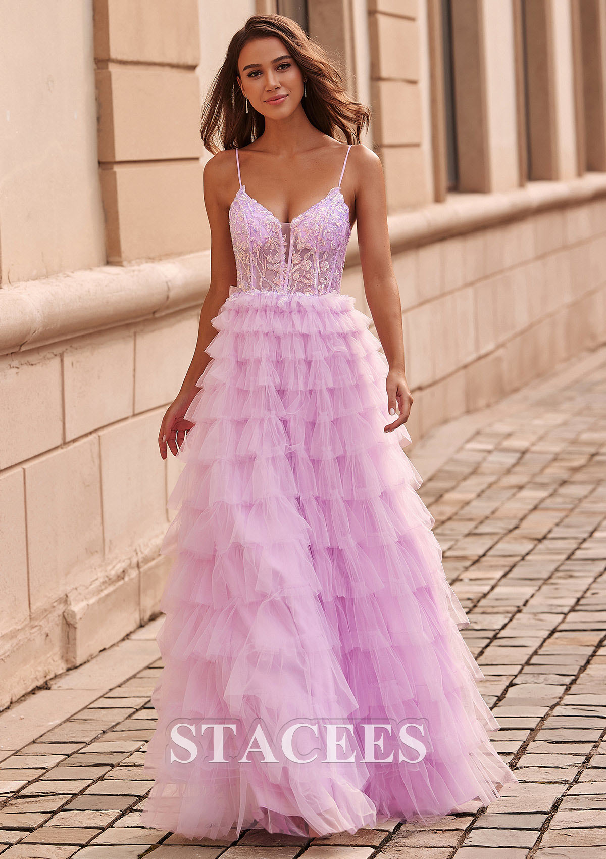 Lilac A-line V Neck Tiered Ruffled Slit Floor-Length Prom Dress with Sequins - STACEES