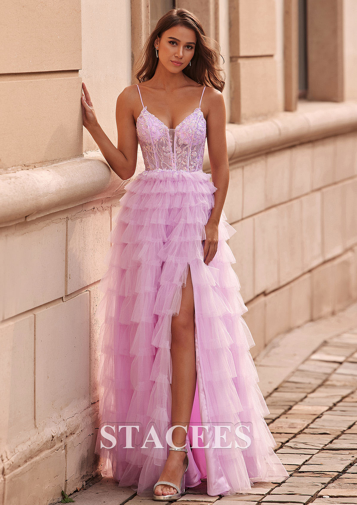 Lilac A-line V Neck Tiered Ruffled Slit Floor-Length Prom Dress with Sequins - STACEES