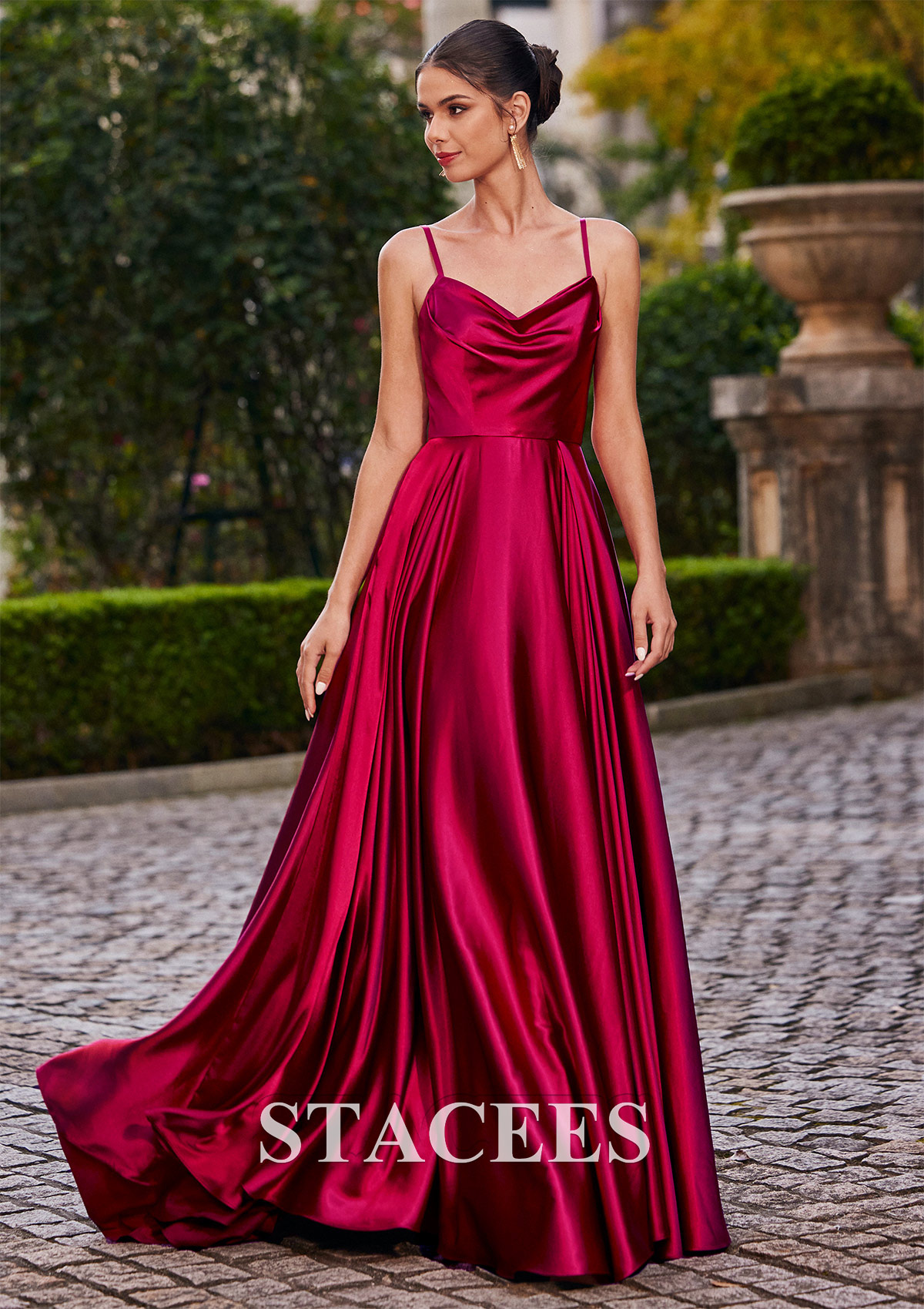 Burgundy A-line Cowl Neck Sweep Train Charmeuse Prom Dress with Pleated Pockets Split - STACEES