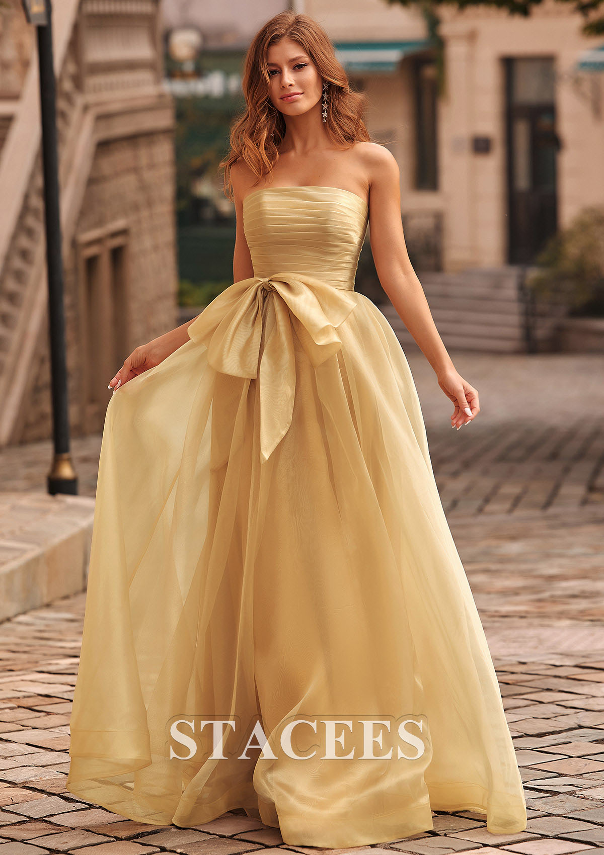 Gold Shiny A-line Organza Pleated Strapless Prom Dress with Bow Pockets - STACEES