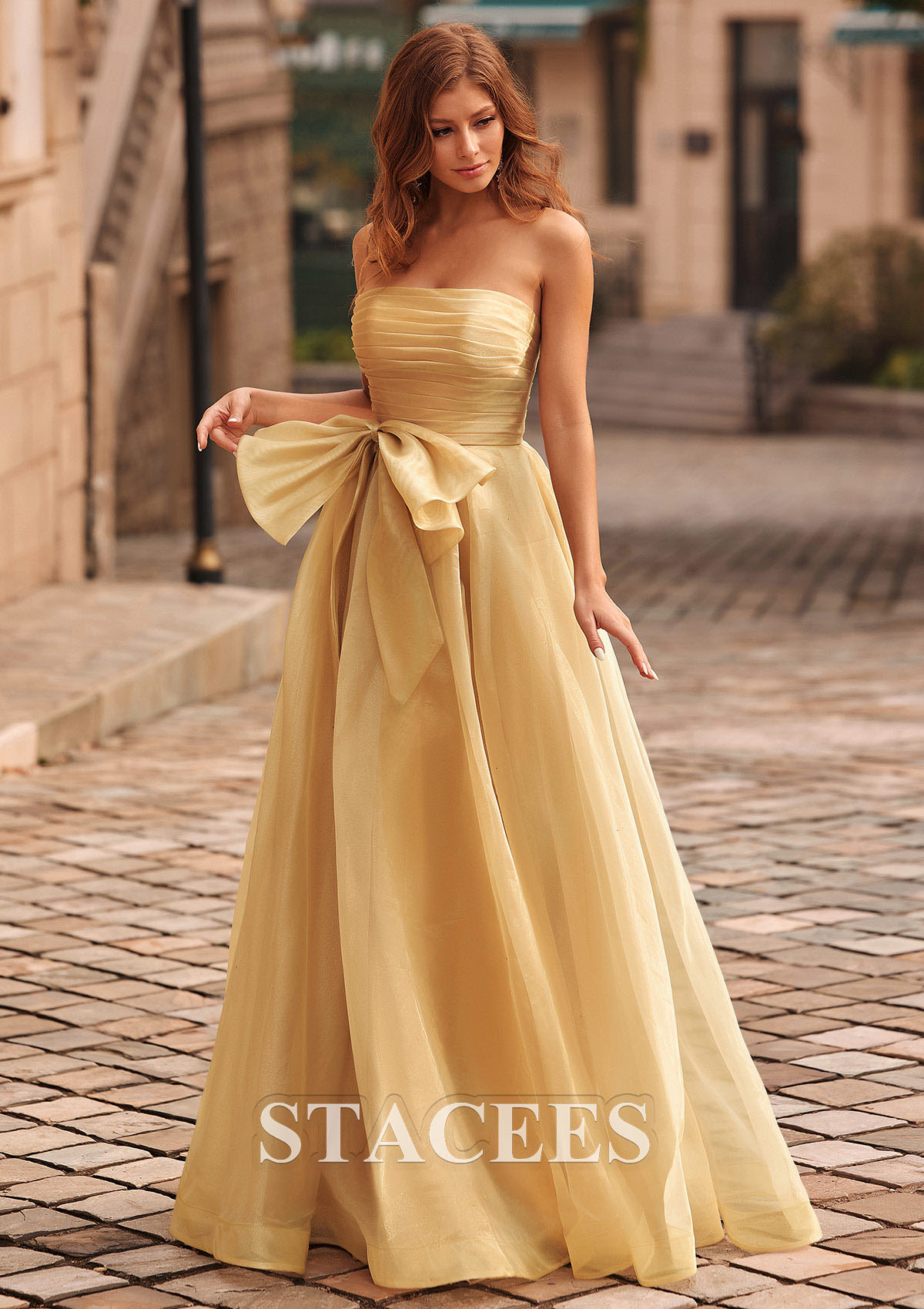 Gold Shiny A-line Organza Pleated Strapless Prom Dress with Bow Pockets - STACEES