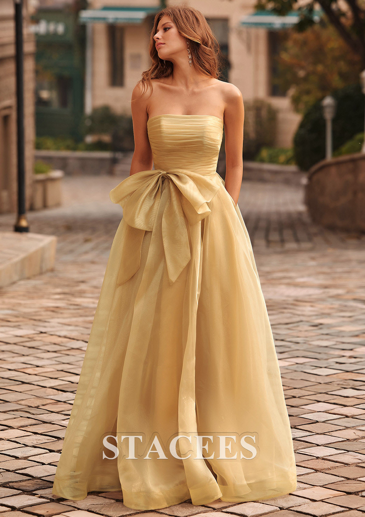 Gold Shiny A-line Organza Pleated Strapless Prom Dress with Bow Pockets - STACEES