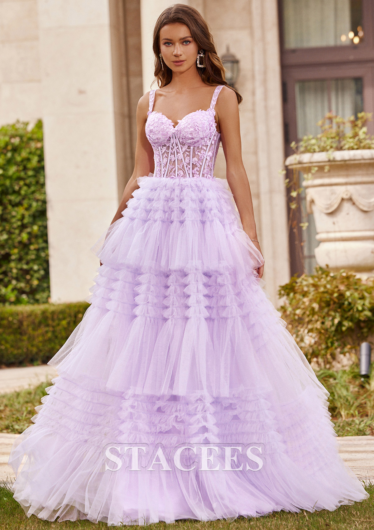 Lilac A-line Princess Sweetheart Sweep Train Tulle Prom Dress with Appliqued Ruffles - STACEES