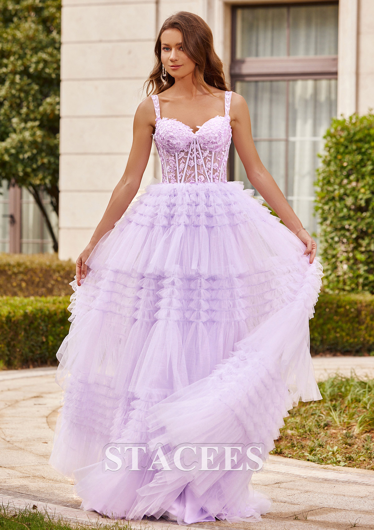 Lilac A-line Princess Sweetheart Sweep Train Tulle Prom Dress with Appliqued Ruffles - STACEES